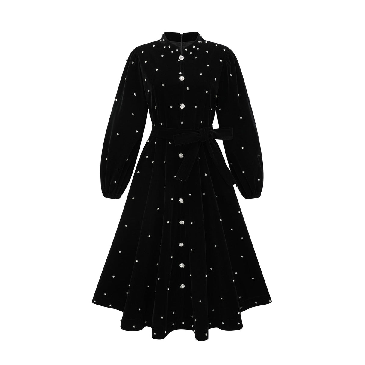 Sienna Midi Dress Black Velvet Crystal Bow Embellished Flare