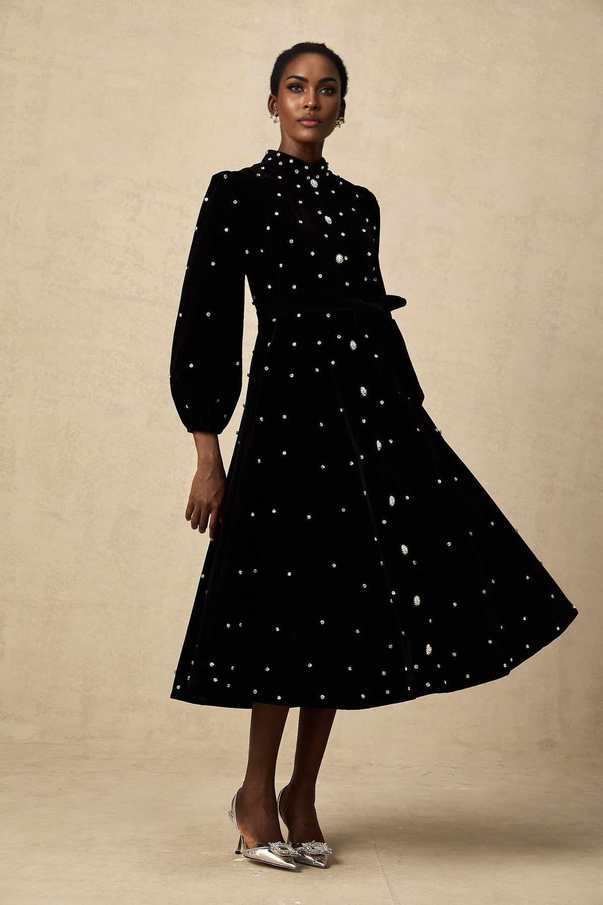 Sienna Midi Dress Black Velvet Crystal Bow Embellished Flare