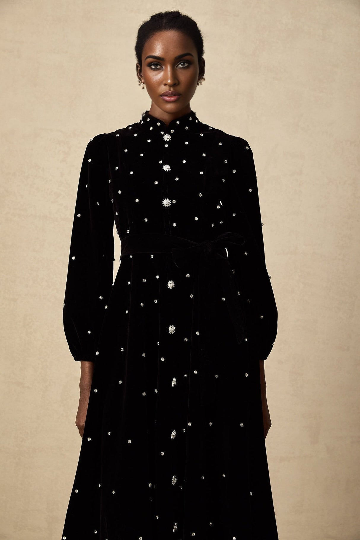 Sienna Midi Dress Black Velvet Crystal Bow Embellished Flare