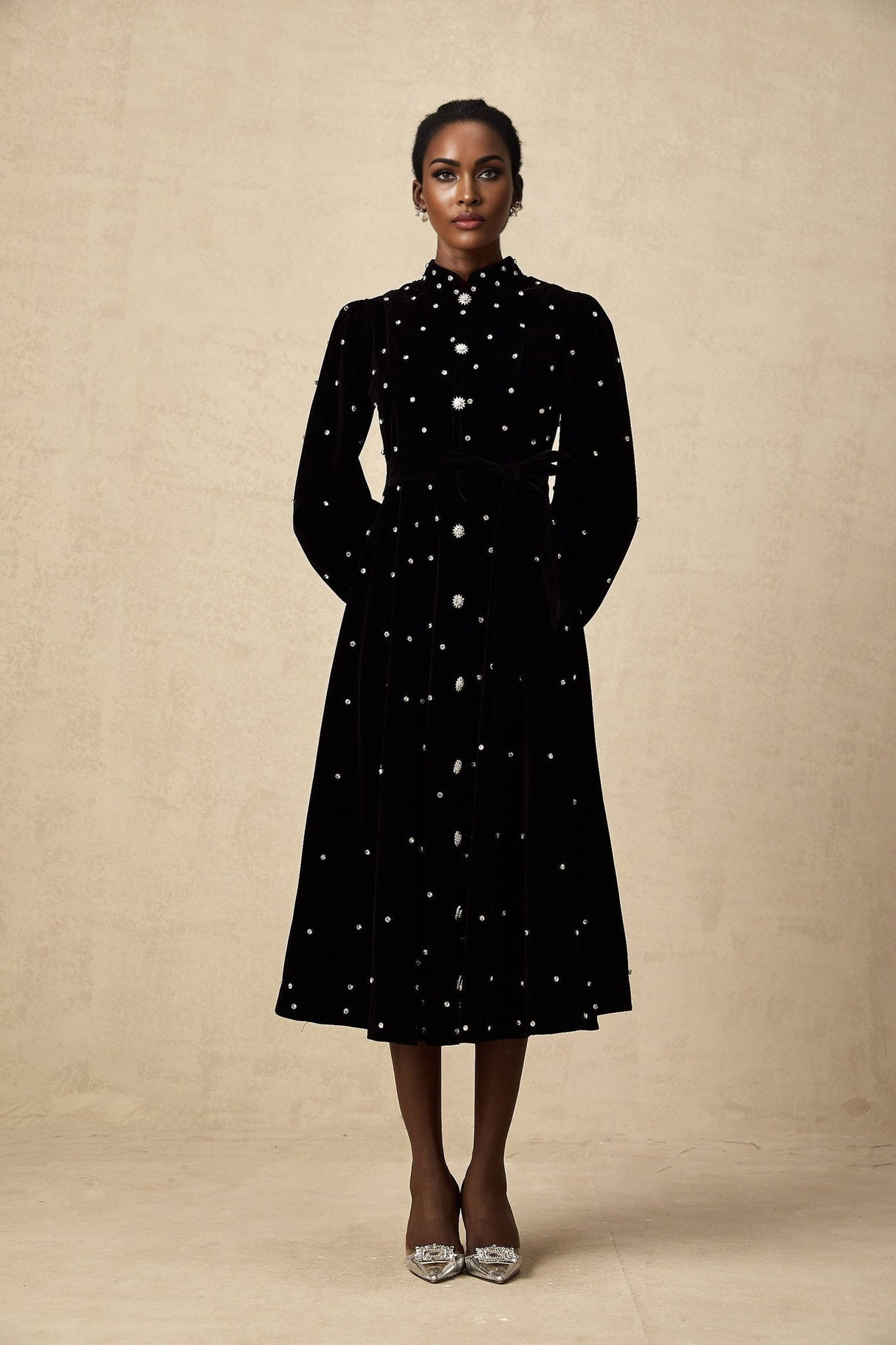 Sienna Midi Dress Black Velvet Crystal Bow Embellished Flare