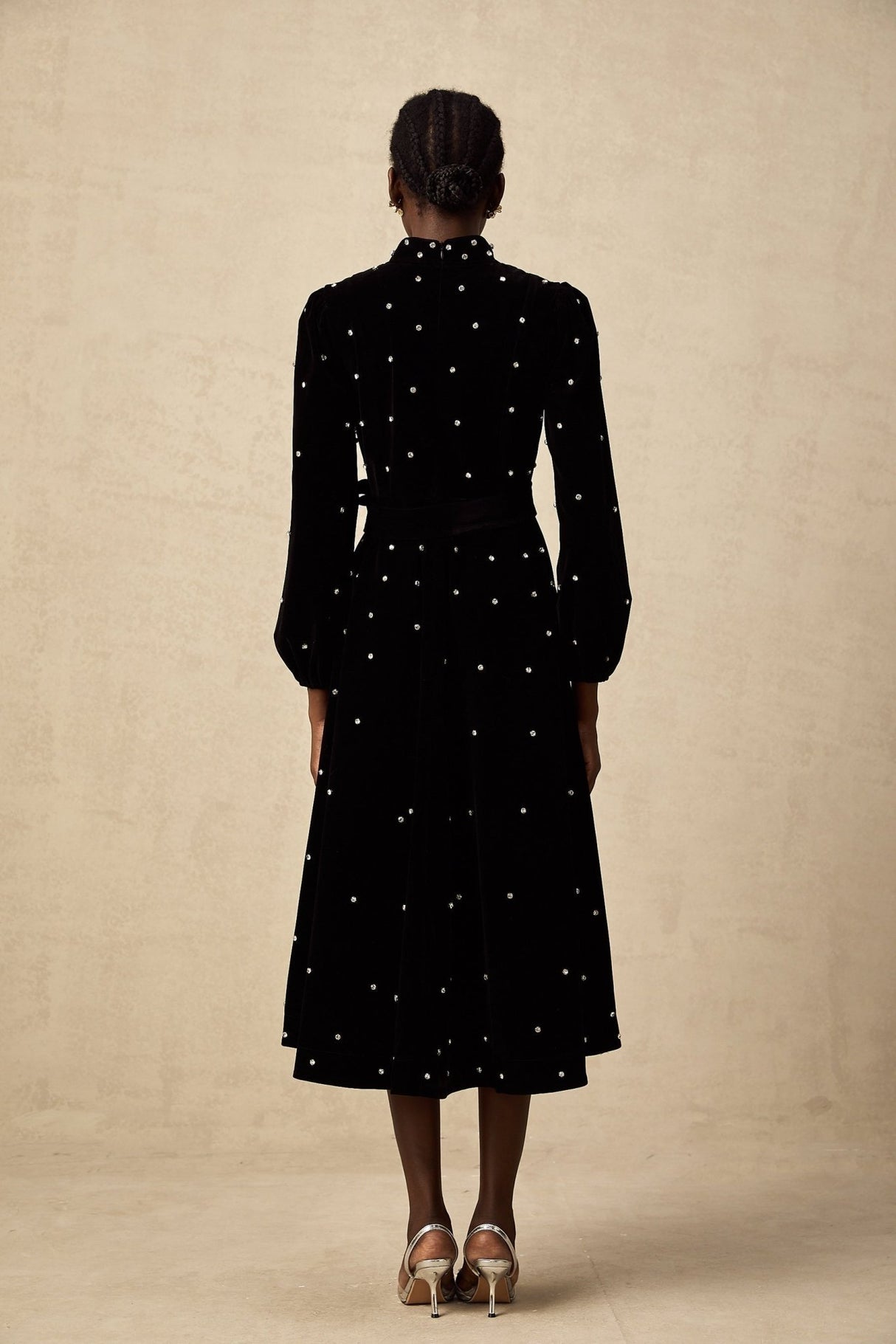 Sienna Midi Dress Black Velvet Crystal Bow Embellished Flare