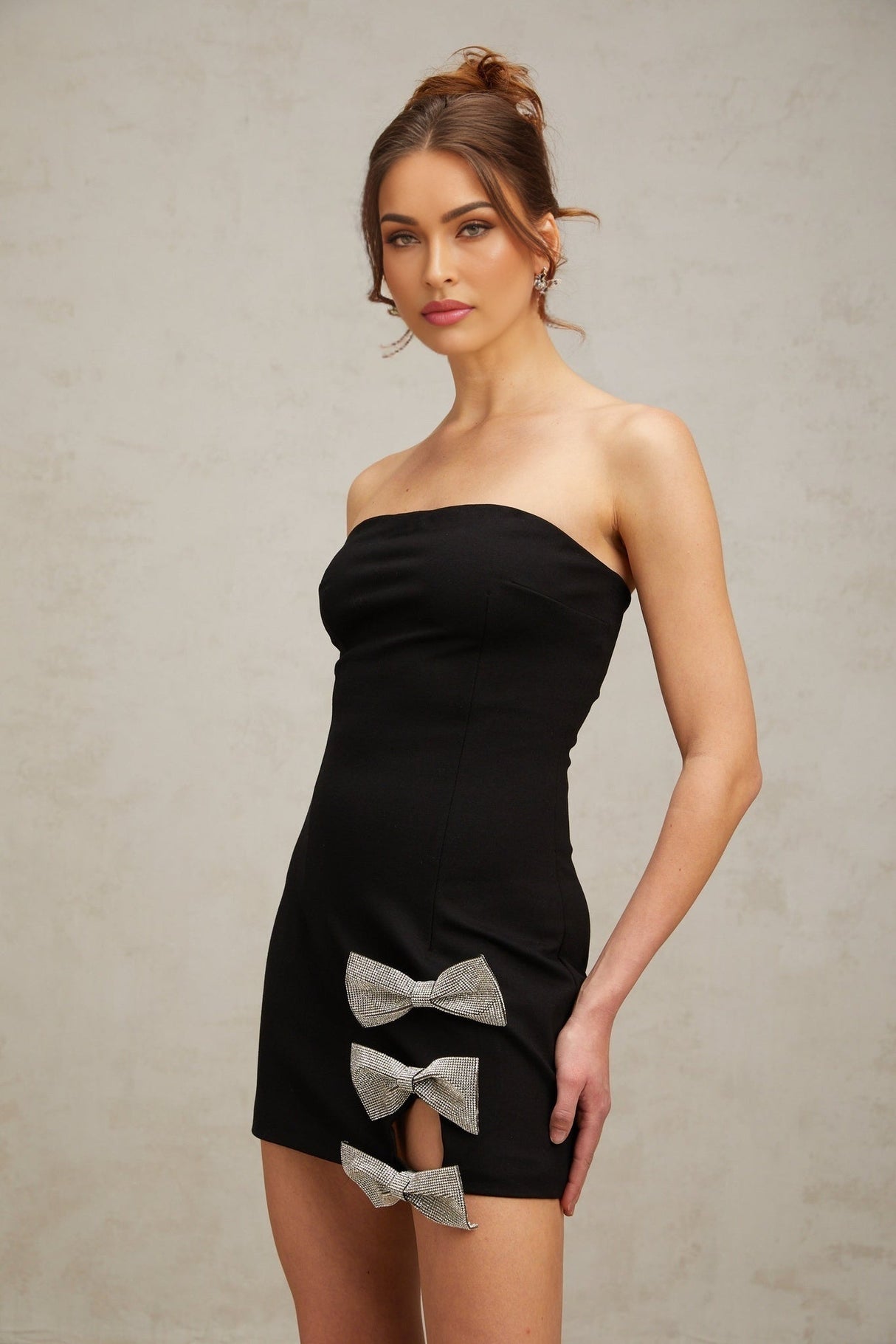 Sienna Mini Dress Black Studded Bow Off Shoulder Crystal