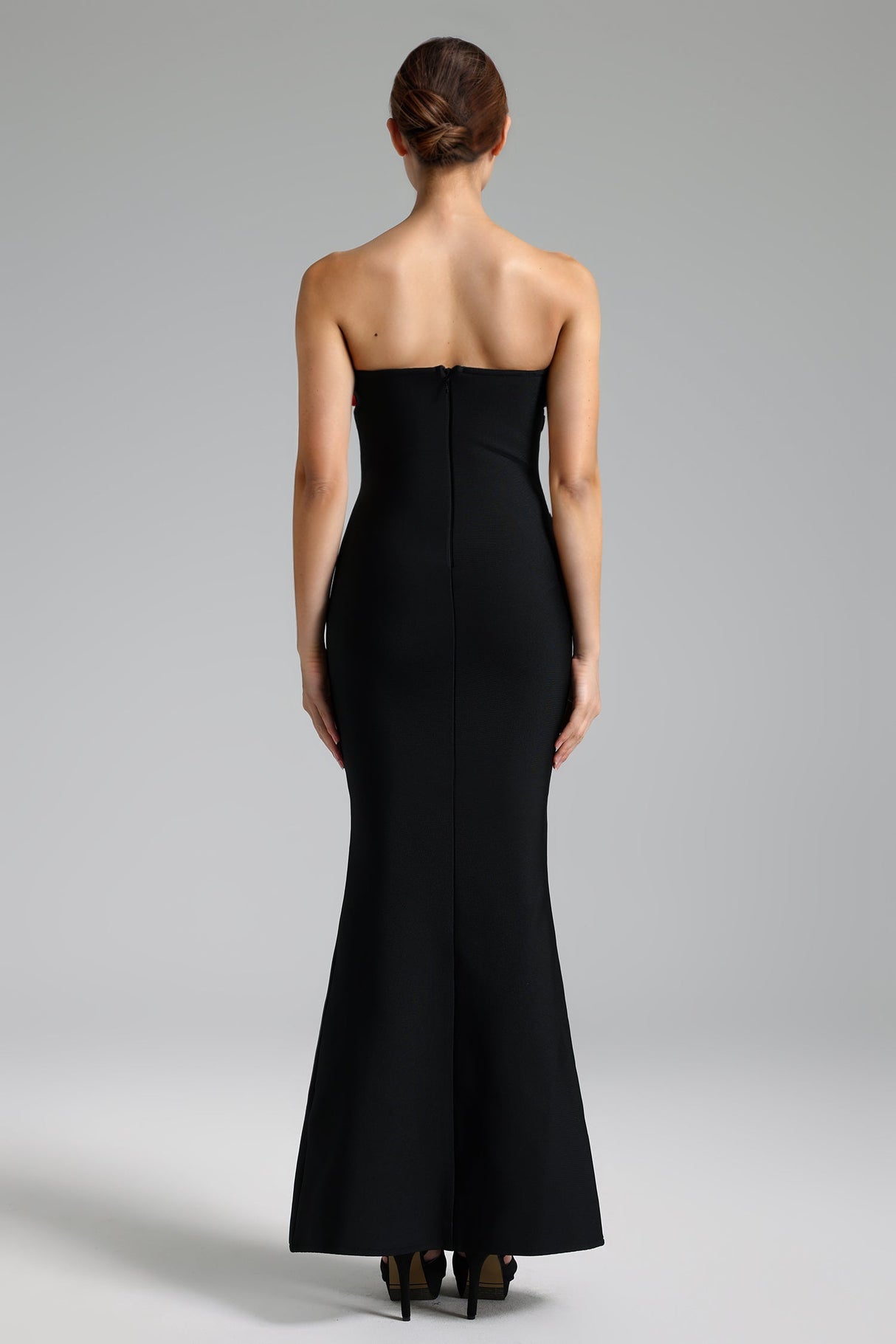 Silvana Black Strapless Slim Fit Dress with Red Flower Detailing