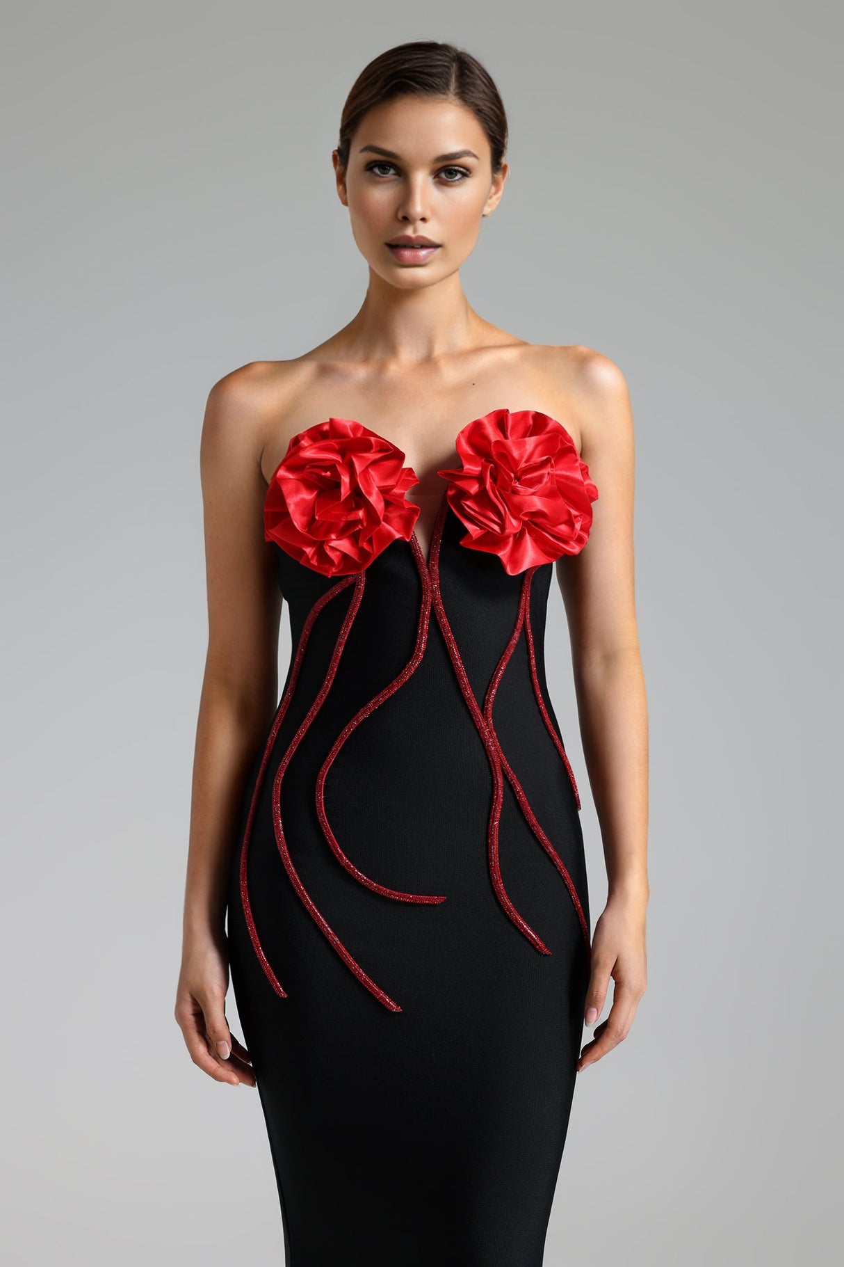 Silvana Black Strapless Slim Fit Dress with Red Flowers for Formal Occasions