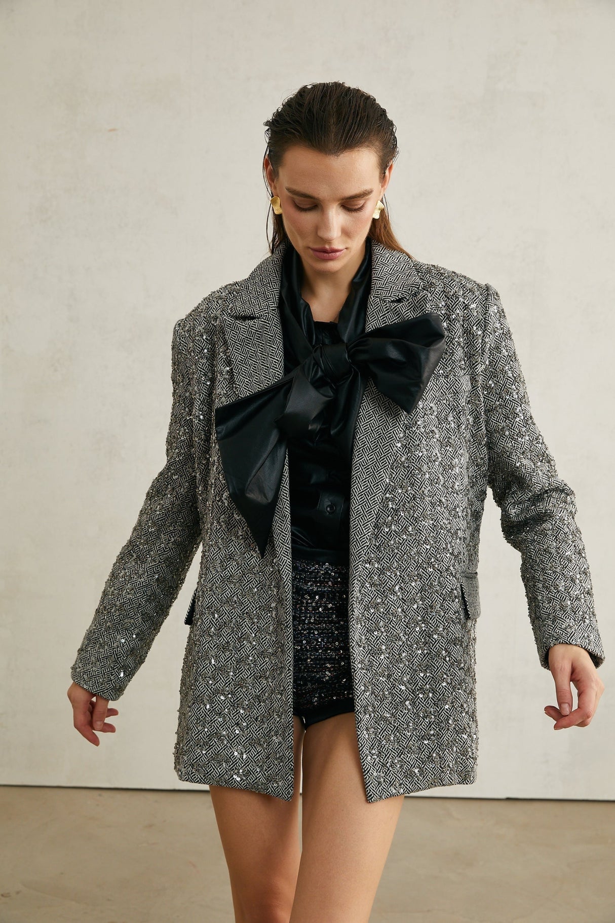 Silvana Blazer in Elegant Herringbone Wool & Crystal Embellishment