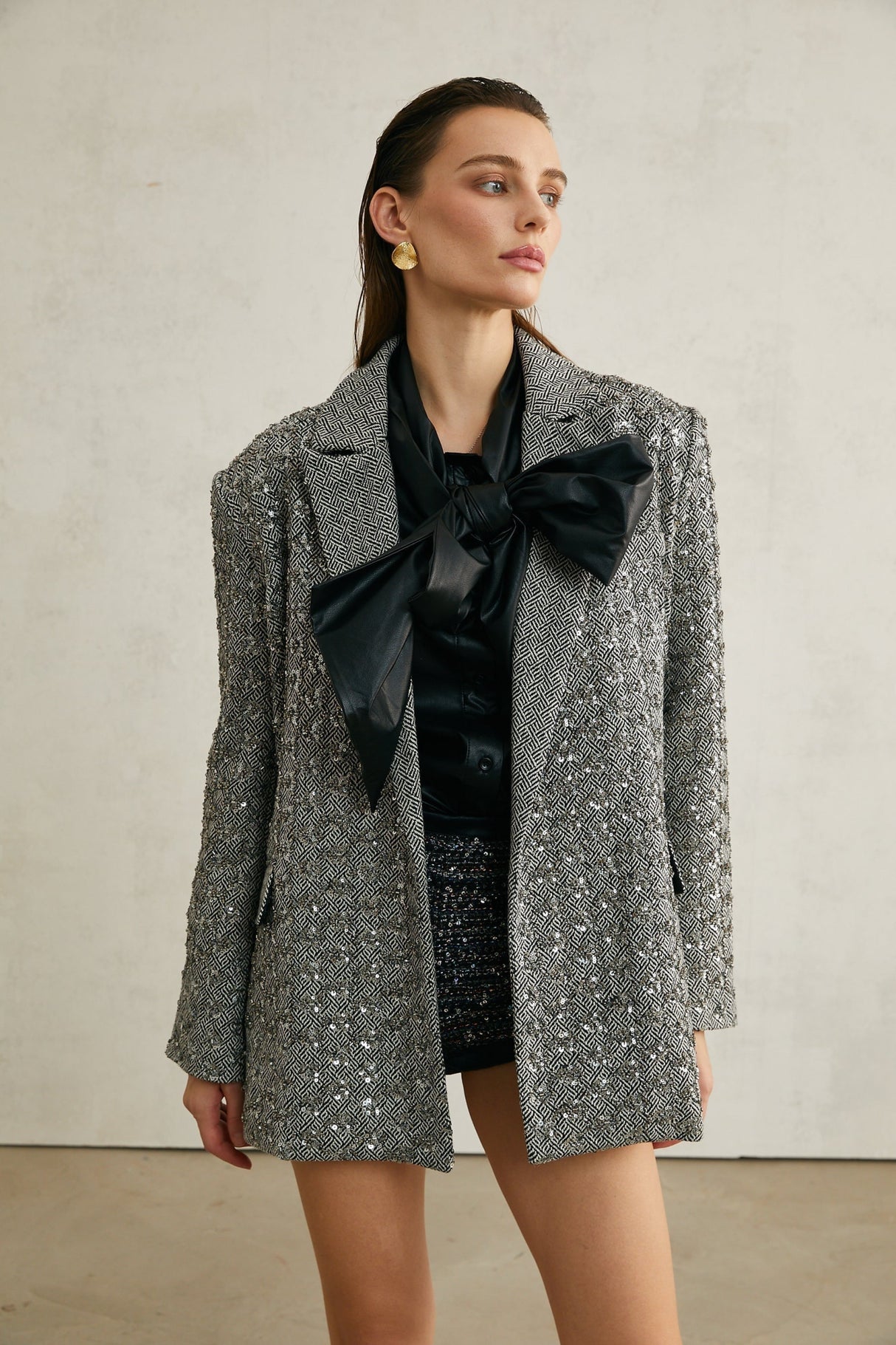 Silvana Blazer in Elegant Herringbone Wool & Crystal Embellishment