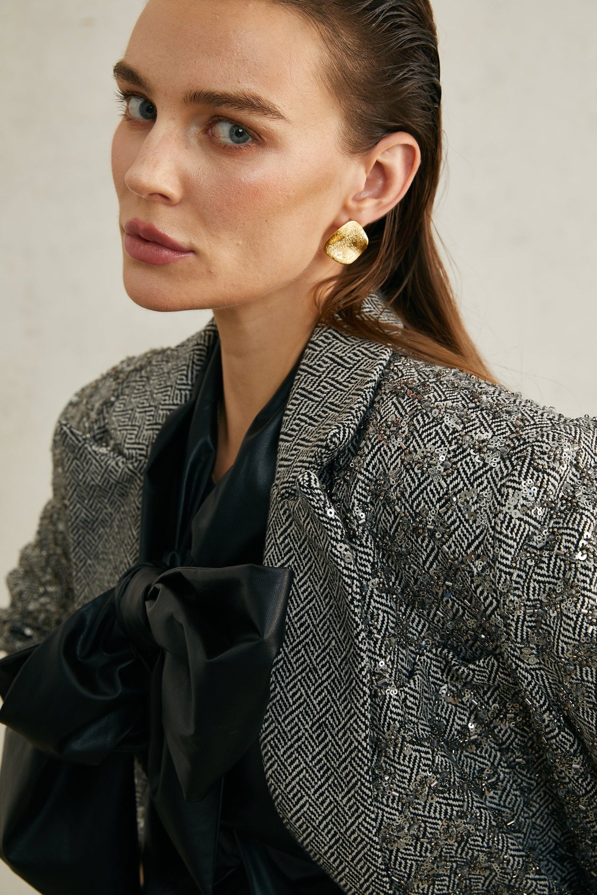 Silvana Blazer in Elegant Herringbone Wool & Crystal Embellishment