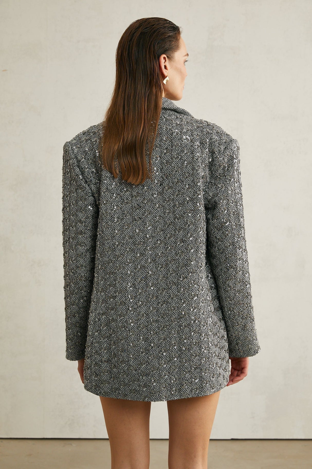 Silvana Blazer in Elegant Herringbone Wool & Crystal Embellishment