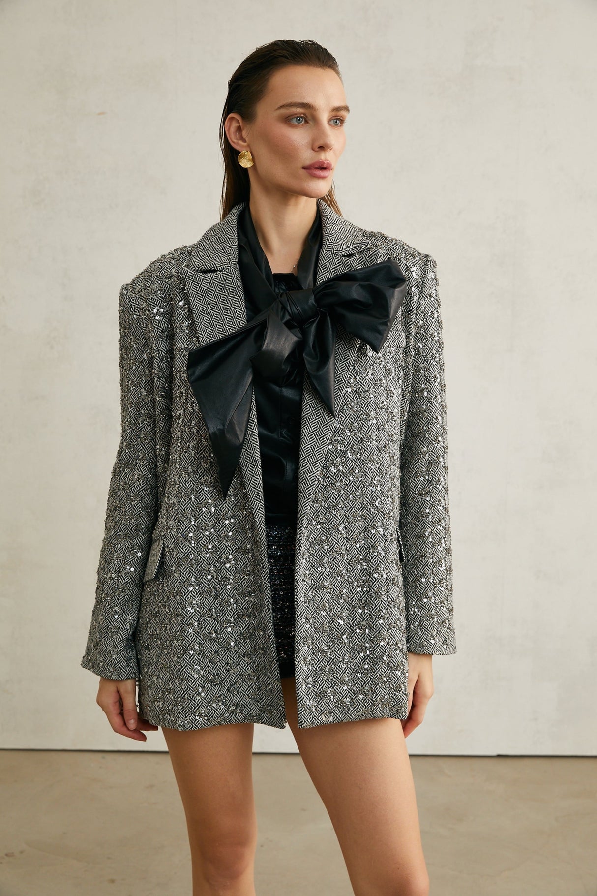 Silvana Blazer in Elegant Herringbone Wool & Crystal Embellishment