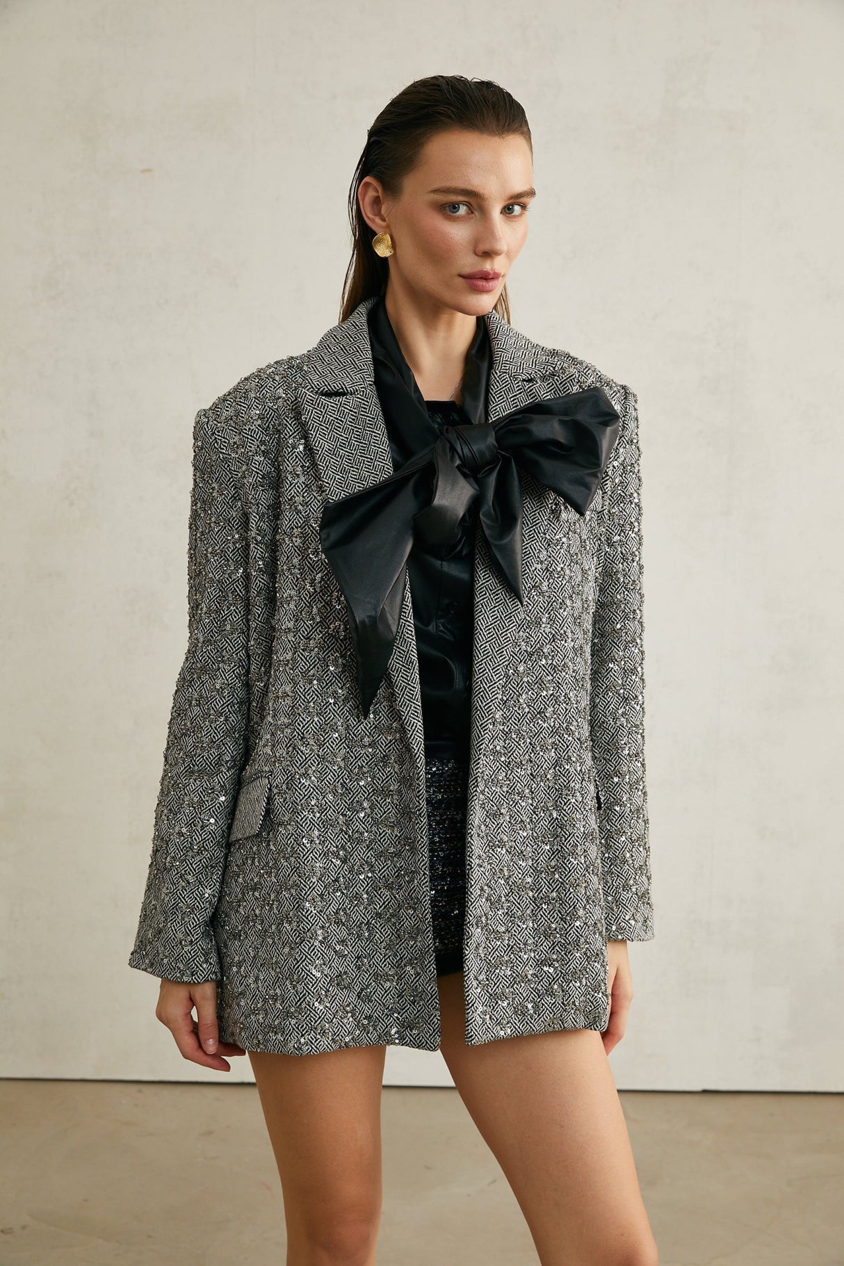 Silvana Blazer in Elegant Herringbone Wool & Crystal Embellishment