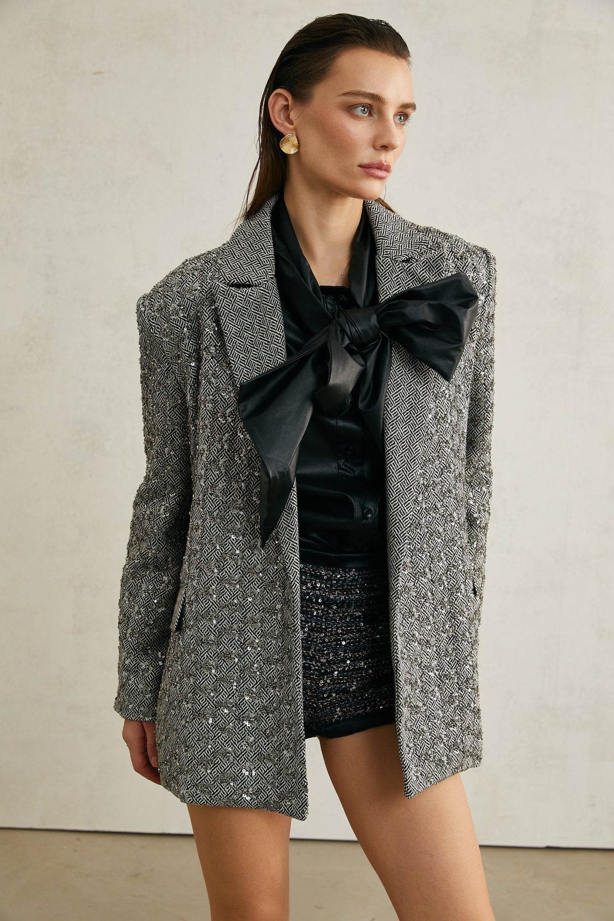 Silvana Blazer in Elegant Herringbone Wool & Crystal Embellishment