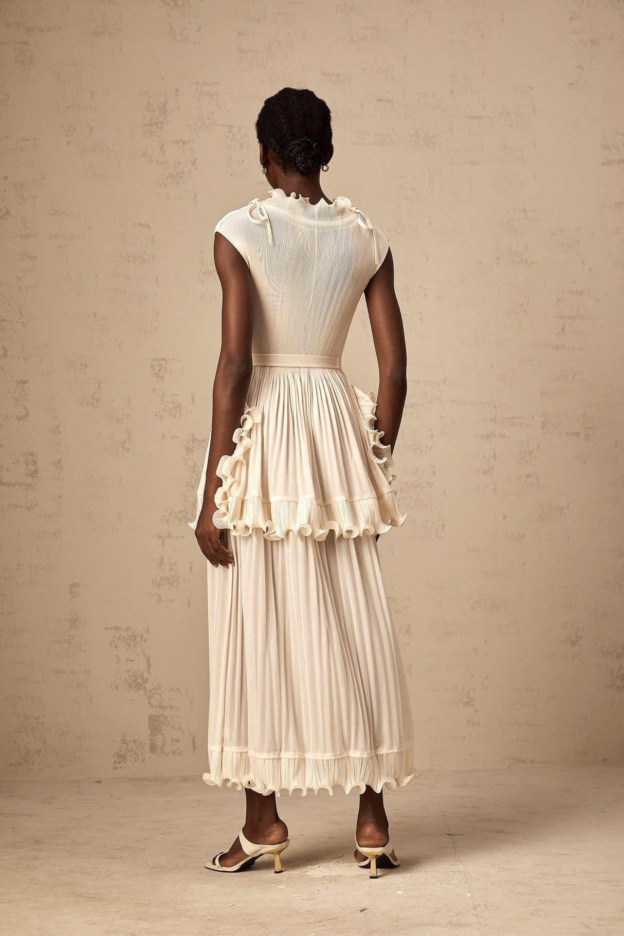 Silvana Maxi Dress - Sleeveless White with Ruffles, Pleats & Mock Neck