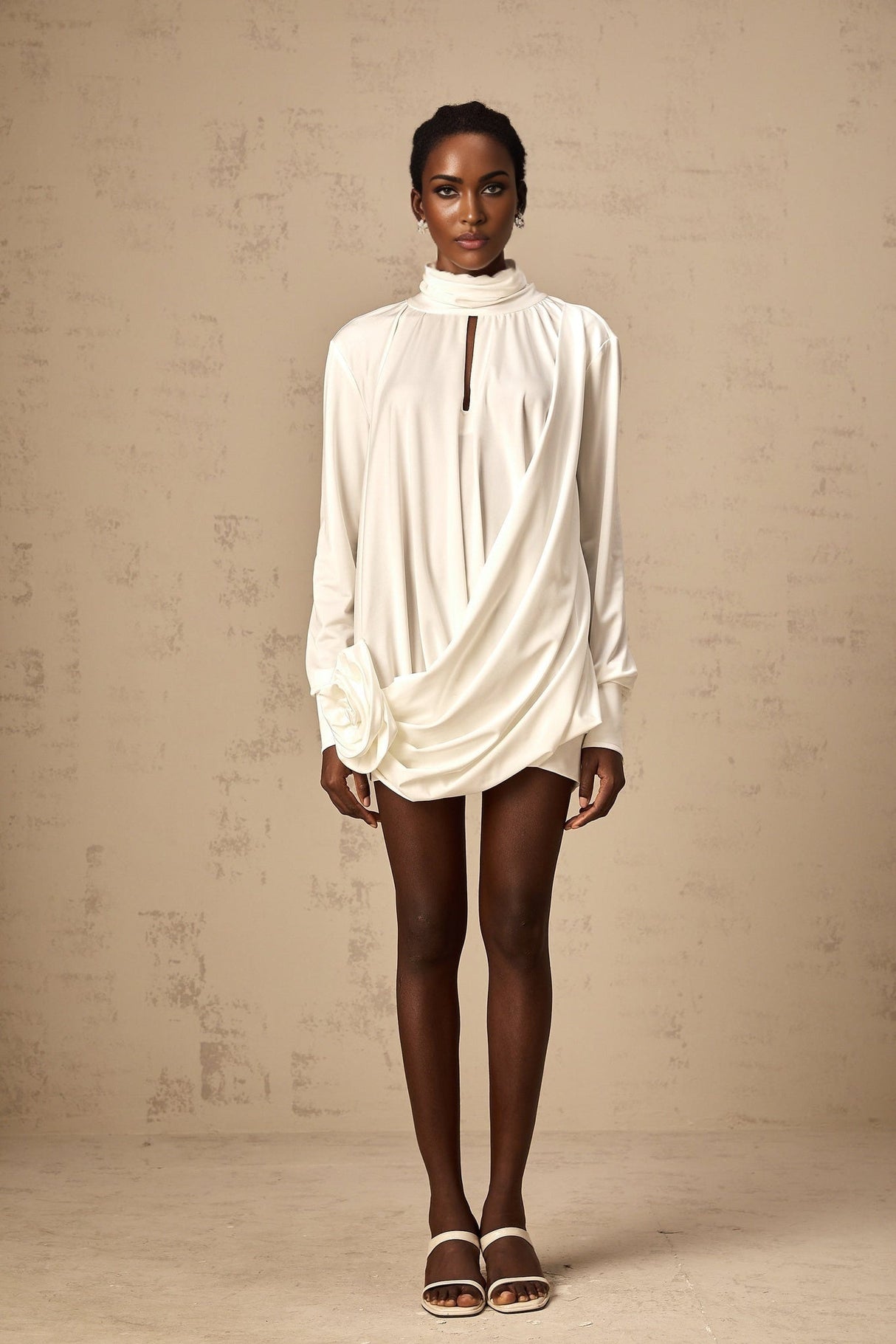 Silvana Mini Dress White Faux Flower Ruched Cut Out