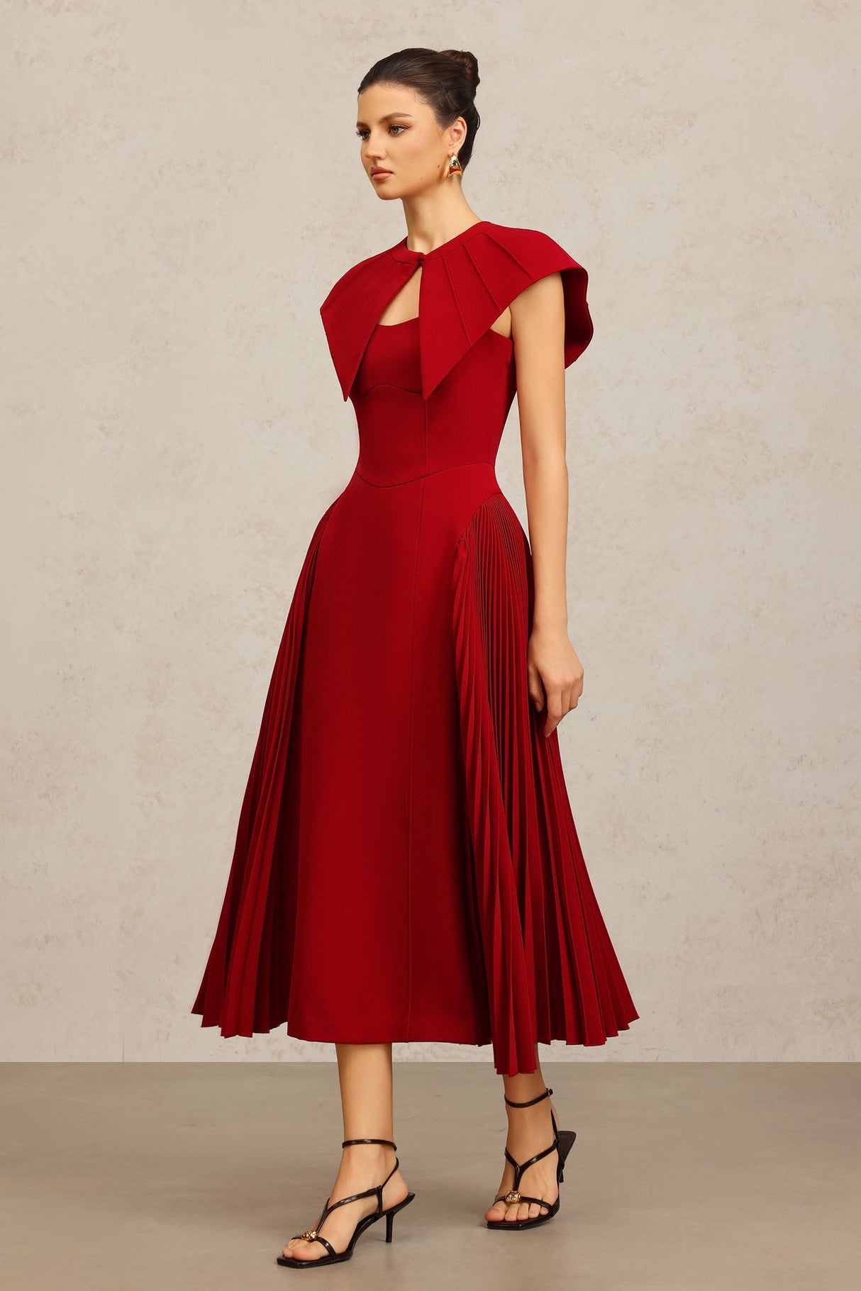Silvana Red Halter Neckline Pleated Dress for Special Occasions