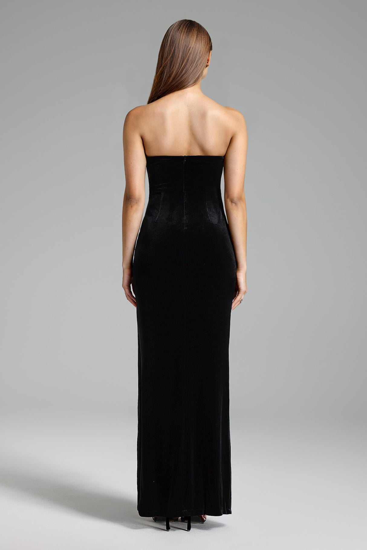 Silvestra Black Velvet Maxi Dress with Thigh-High Slit and Neckline Detailing