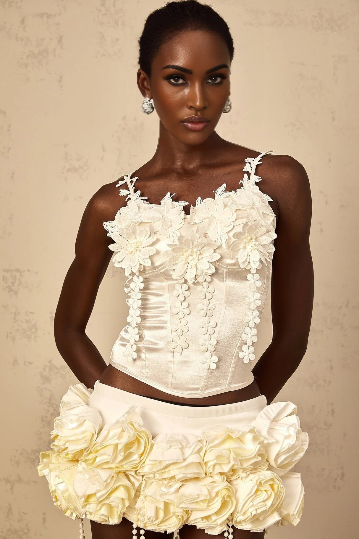 Silvestra Cropped Top Floral Embroidered Sweetheart Corset & Spaghetti Straps