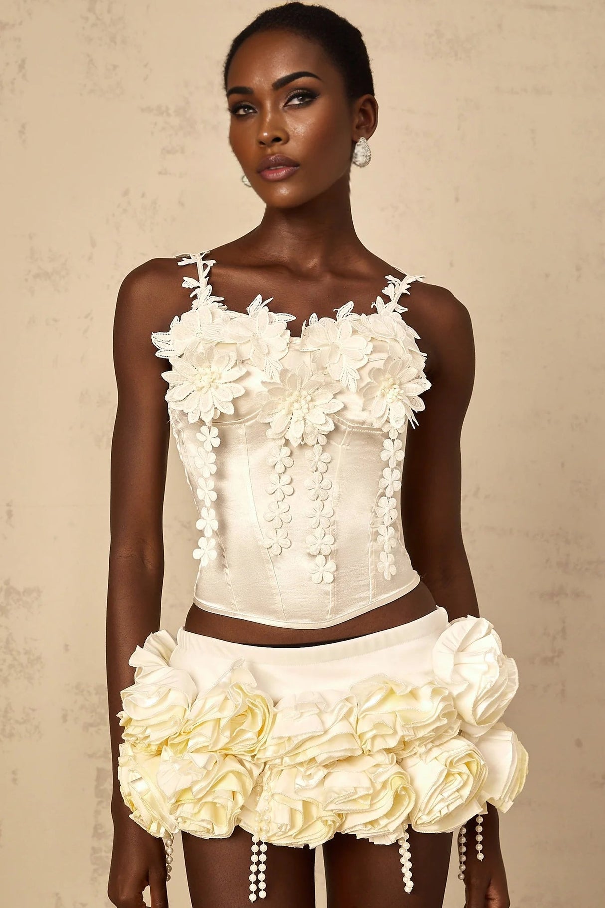 Silvestra Cropped Top Floral Embroidered Sweetheart Corset & Spaghetti Straps