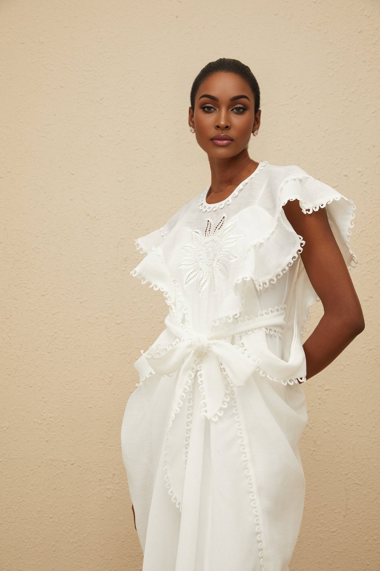 Silvestra Maxi Dress - White Floral Embroidery Cut - Out Detailing scalloped trim shirred effect shee construction rear zip fastening