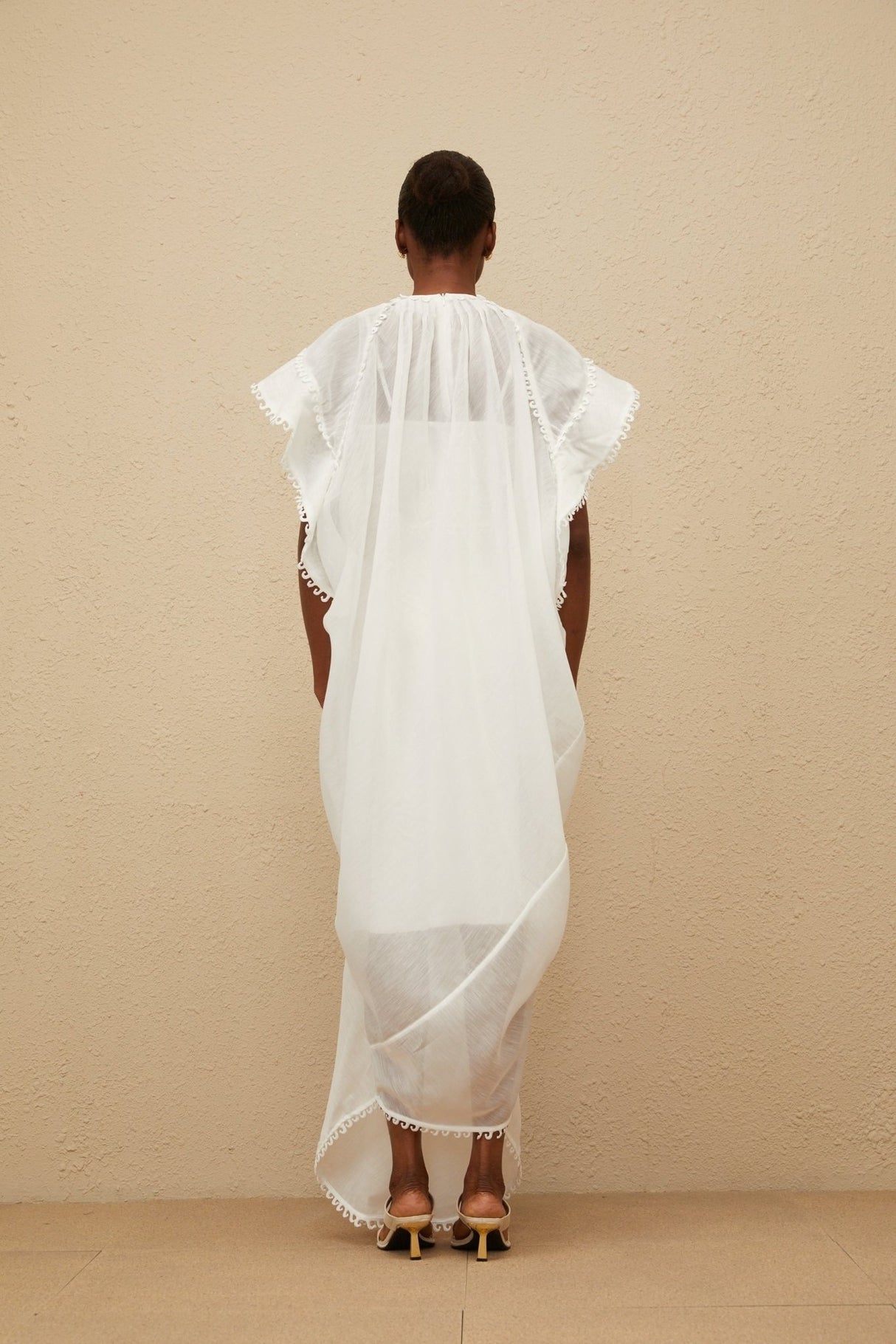 Silvestra Maxi Dress - White Floral Embroidery Cut - Out Detailing scalloped trim shirred effect shee construction rear zip fastening