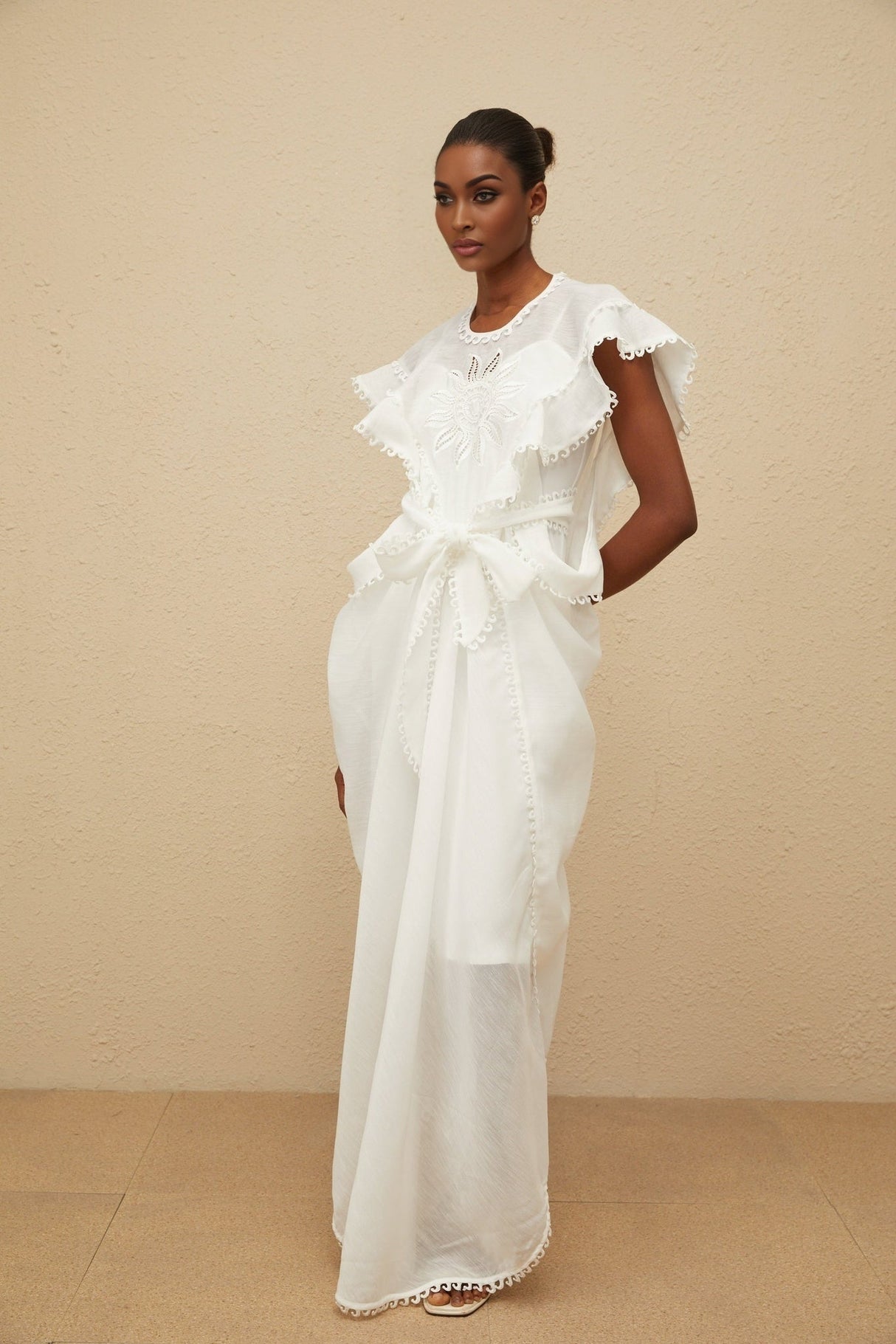 Silvestra Maxi Dress - White Floral Embroidery Cut - Out Detailing scalloped trim shirred effect shee construction rear zip fastening