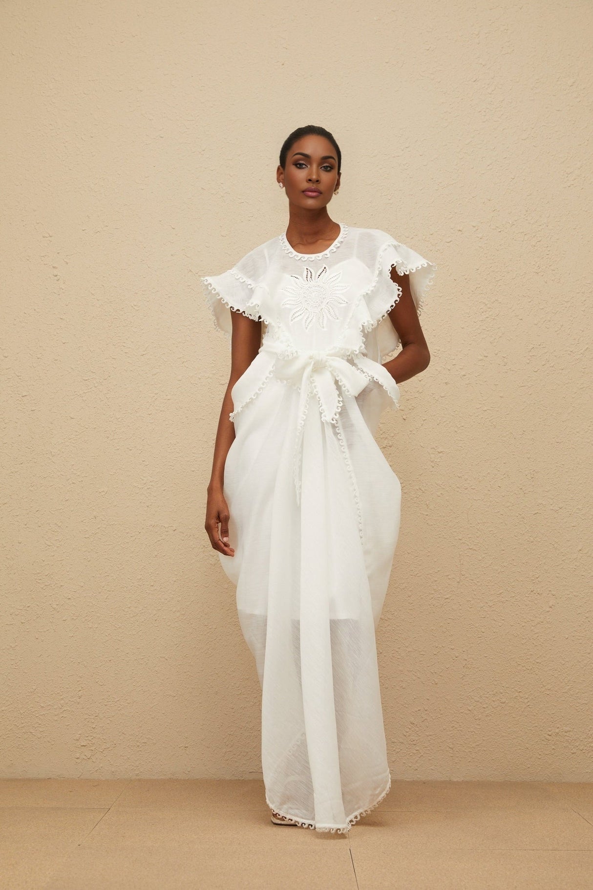 Silvestra Maxi Dress - White Floral Embroidery Cut - Out Detailing scalloped trim shirred effect shee construction rear zip fastening