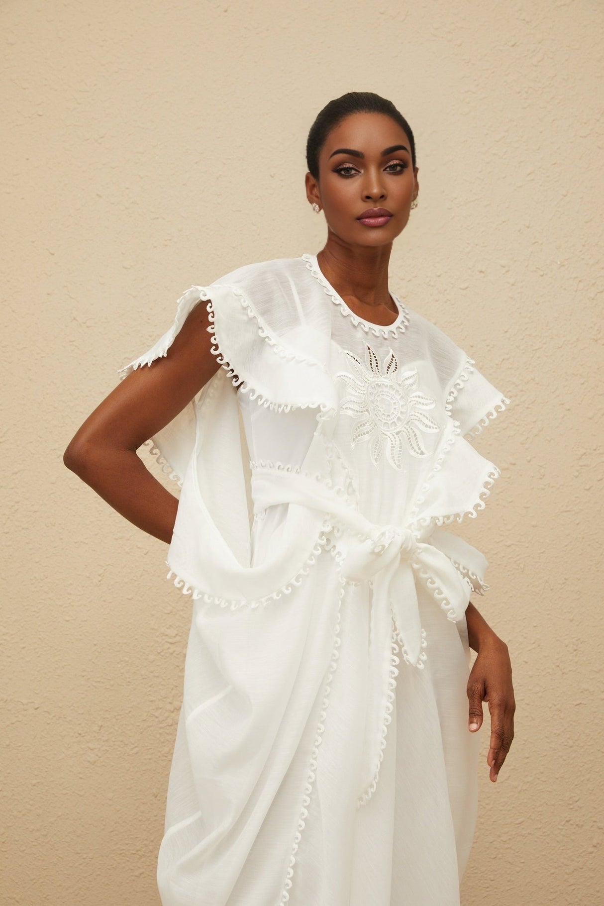 Silvestra Maxi Dress - White Floral Embroidery Cut - Out Detailing scalloped trim shirred effect shee construction rear zip fastening