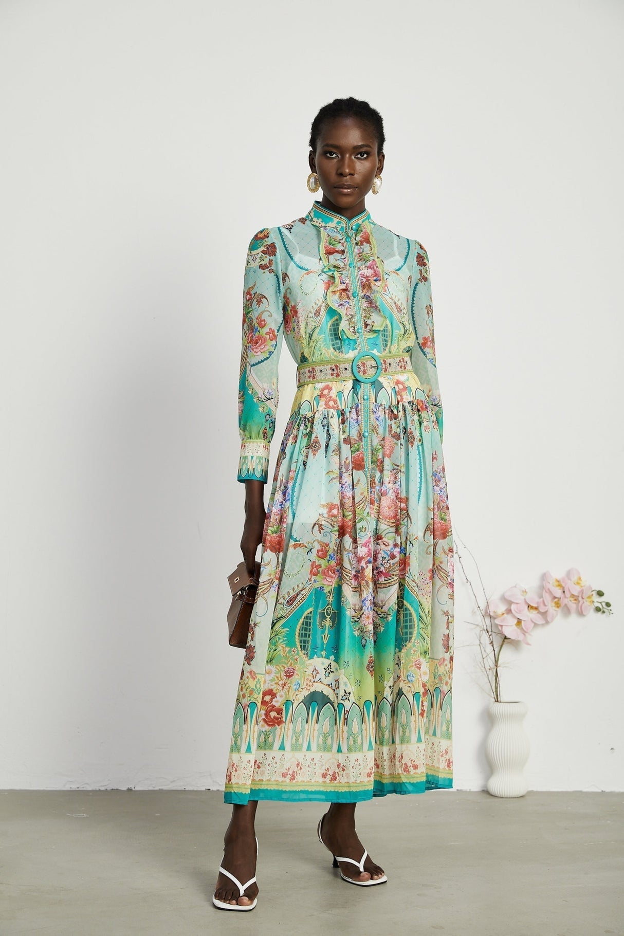 Silvia Floral Midi Dress Cinched Waist Long Sleeve with Flounce Hem & Pleats