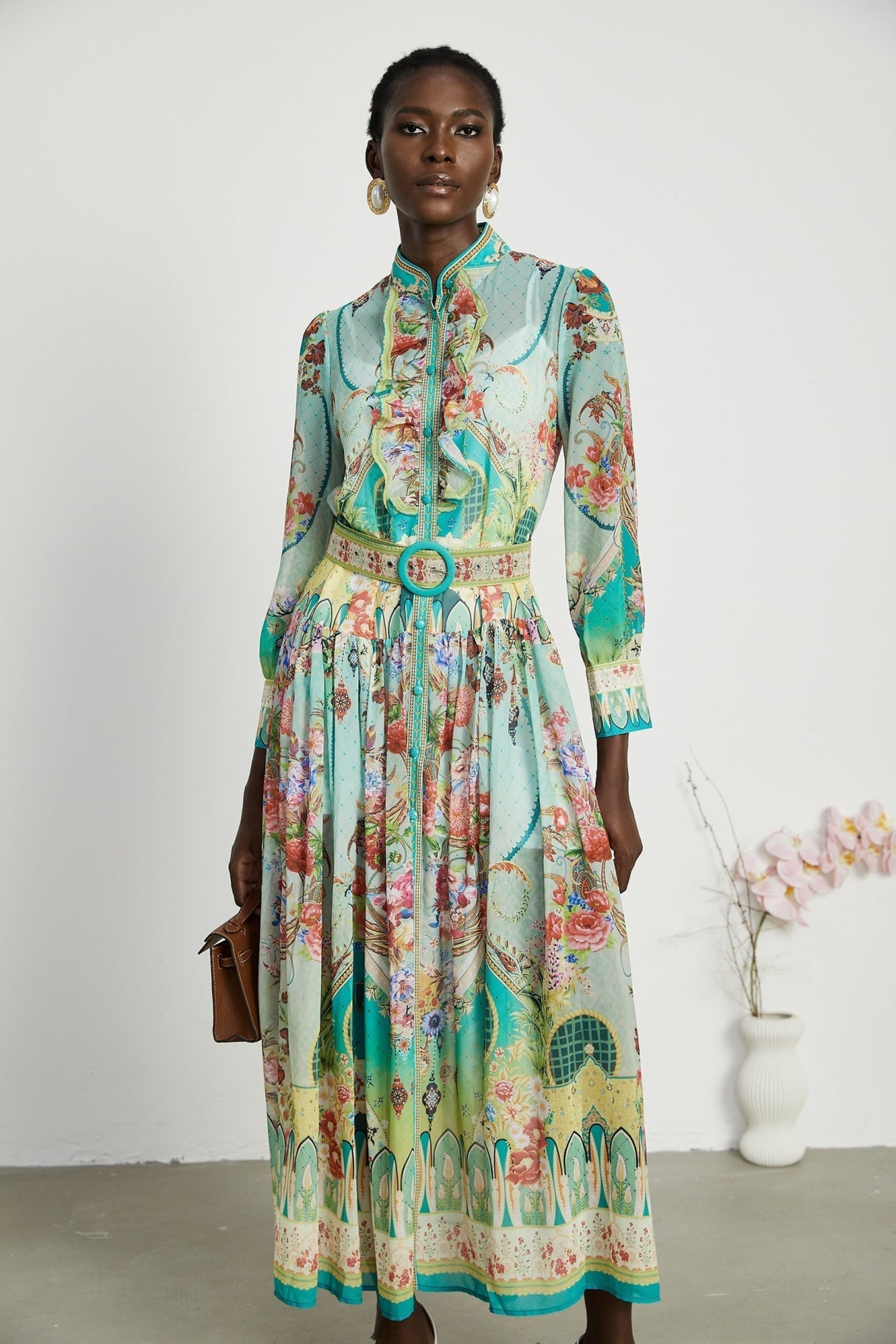 Silvia Floral Midi Dress Cinched Waist Long Sleeve with Flounce Hem & Pleats