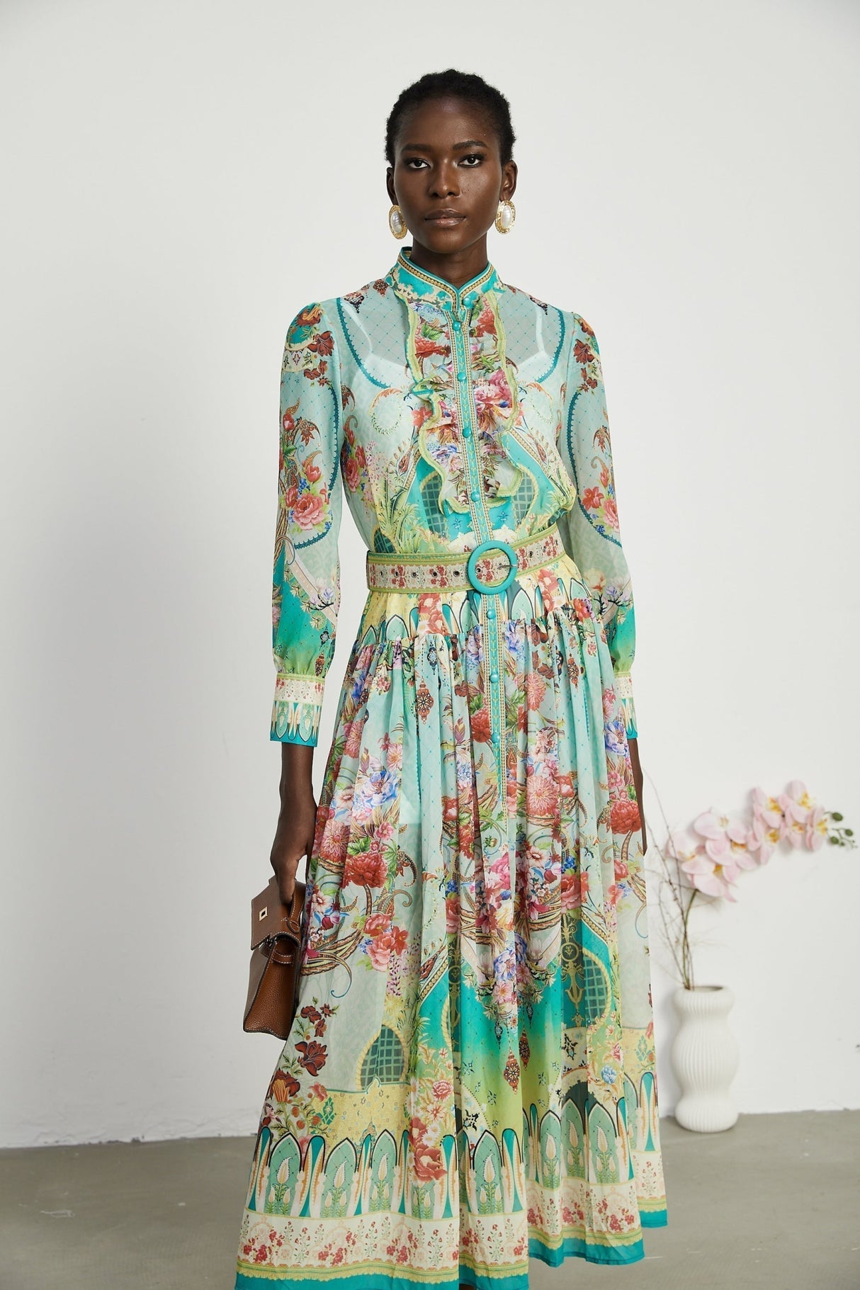 Silvia Floral Midi Dress Cinched Waist Long Sleeve with Flounce Hem & Pleats