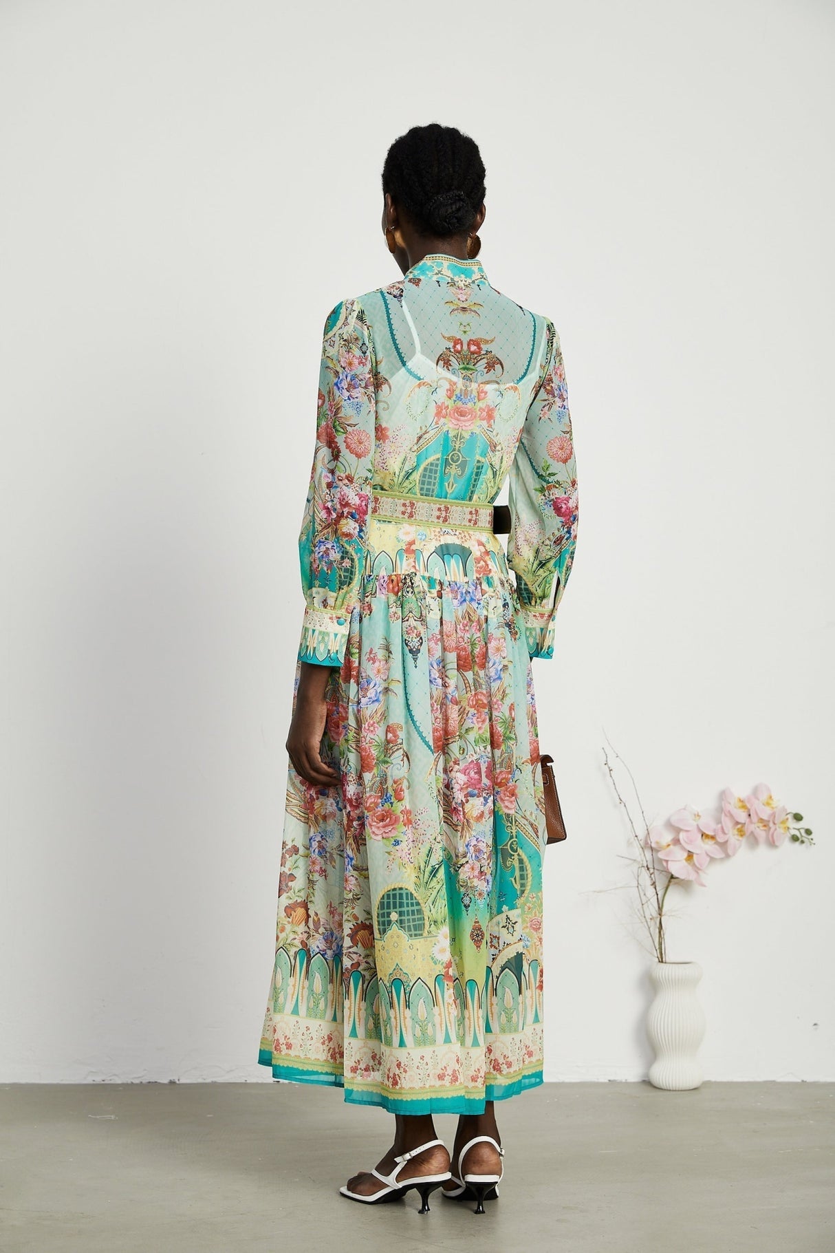 Silvia Floral Midi Dress Cinched Waist Long Sleeve with Flounce Hem & Pleats