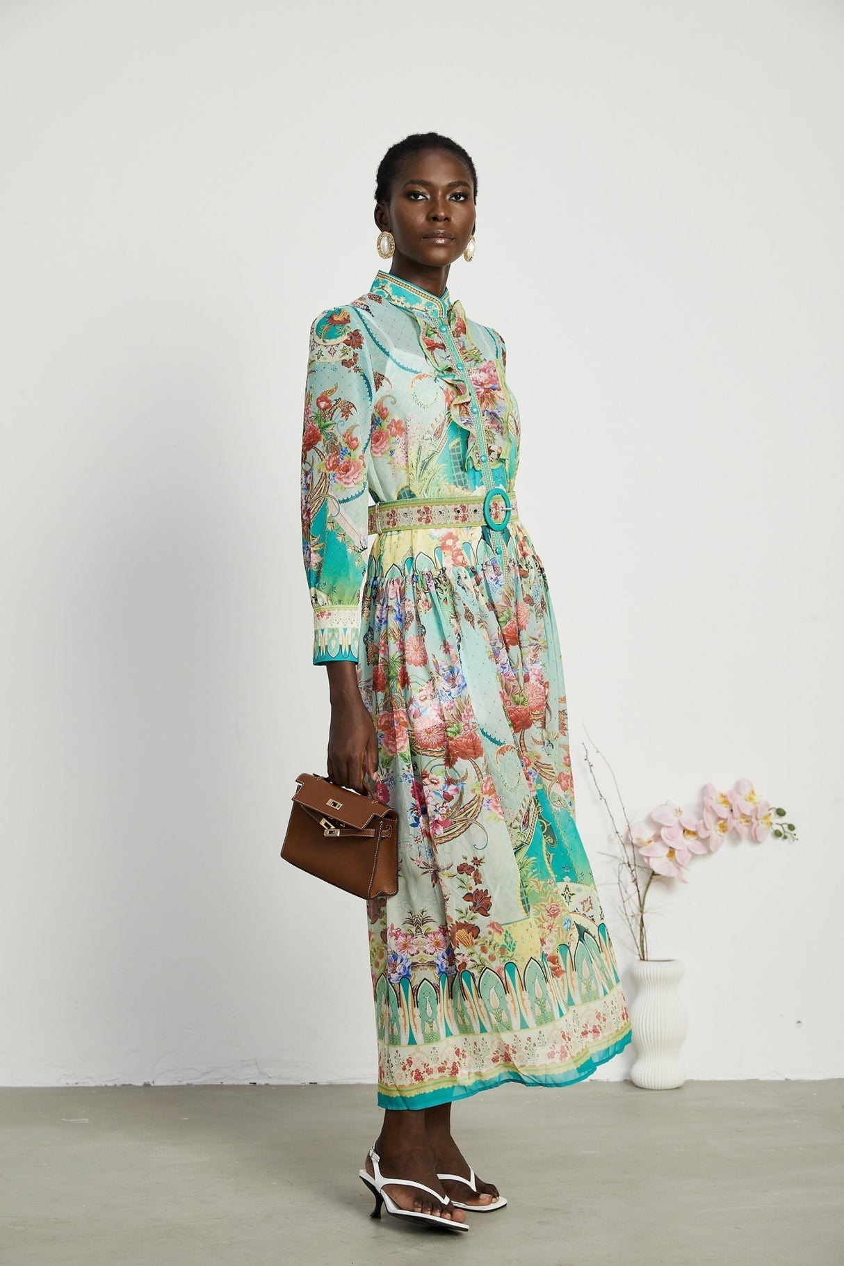 Silvia Floral Midi Dress Cinched Waist Long Sleeve with Flounce Hem & Pleats