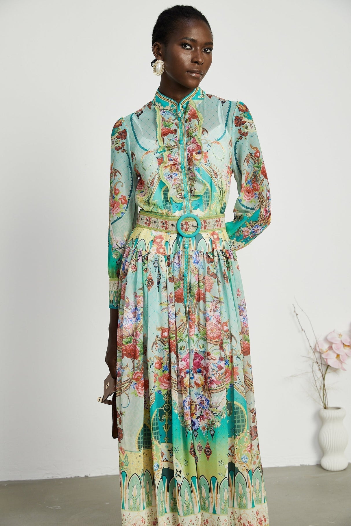 Silvia Floral Midi Dress Cinched Waist Long Sleeve with Flounce Hem & Pleats