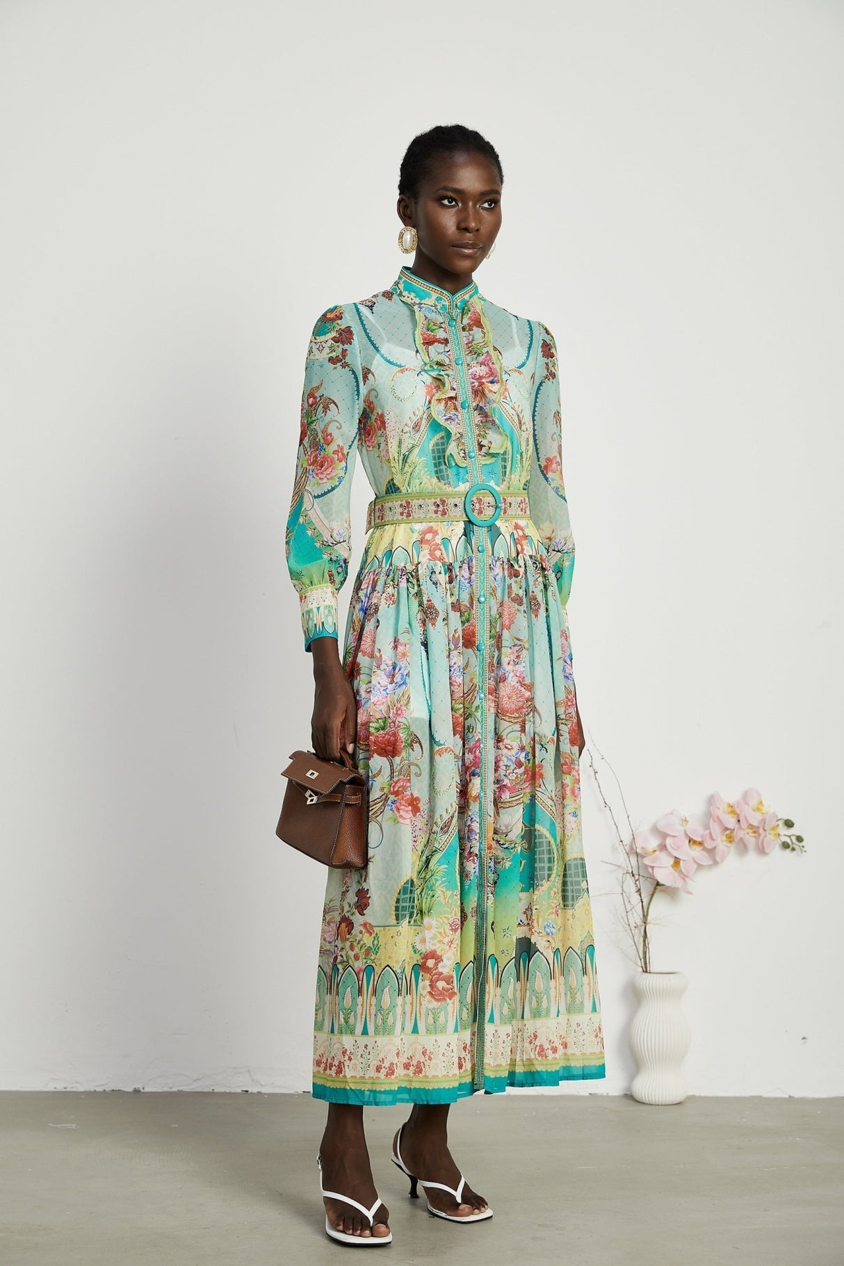 Silvia Floral Midi Dress Cinched Waist Long Sleeve with Flounce Hem & Pleats