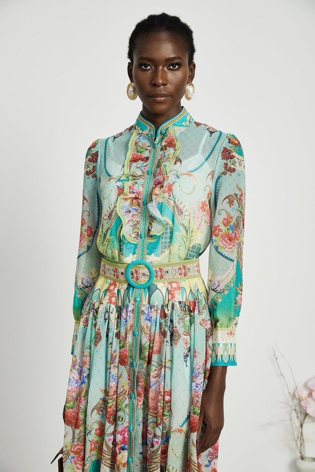 Silvia Floral Midi Dress Cinched Waist Long Sleeve with Flounce Hem & Pleats