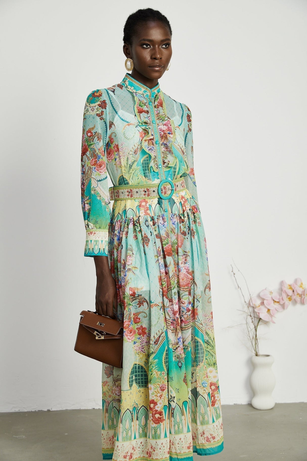 Silvia Floral Midi Dress Cinched Waist Long Sleeve with Flounce Hem & Pleats