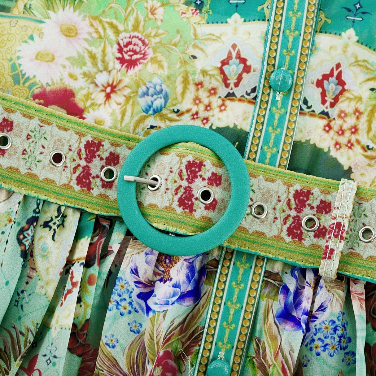 Silvia Floral Midi Dress Cinched Waist Long Sleeve with Flounce Hem & Pleats