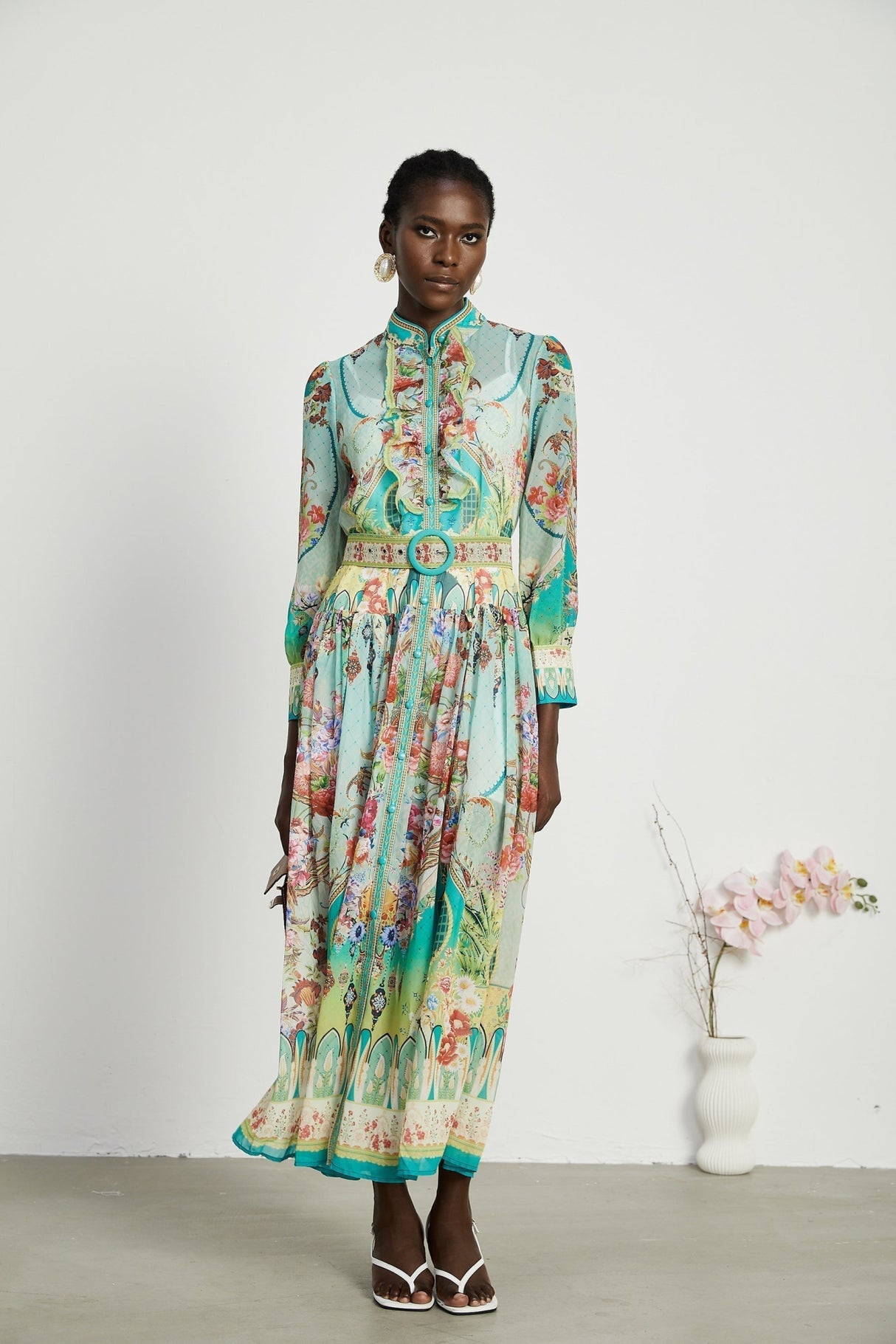 Silvia Floral Midi Dress Cinched Waist Long Sleeve with Flounce Hem & Pleats