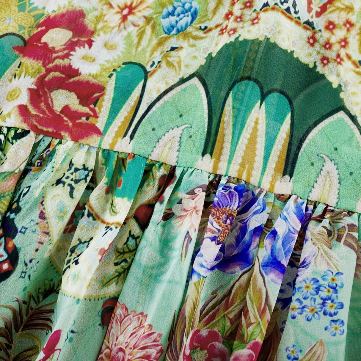 Silvia Floral Midi Dress Cinched Waist Long Sleeve with Flounce Hem & Pleats