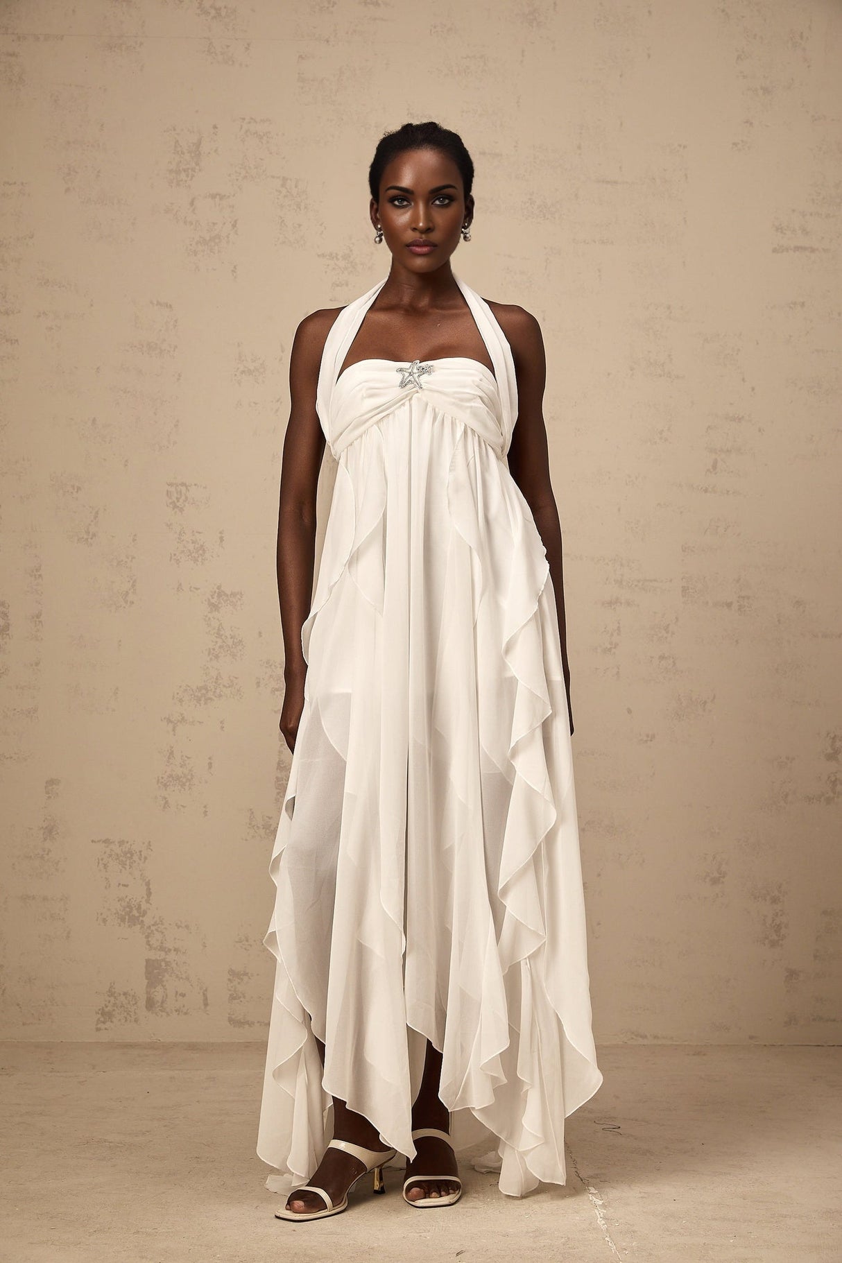 Silvia Maxi Dress - Halter Neck & Backless - White Chiffon with Ruffle Details