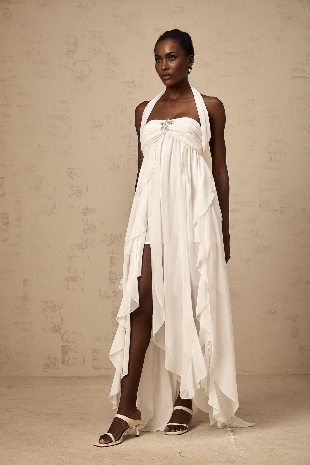 Silvia Maxi Dress - Halter Neck & Backless - White Chiffon with Ruffle Details