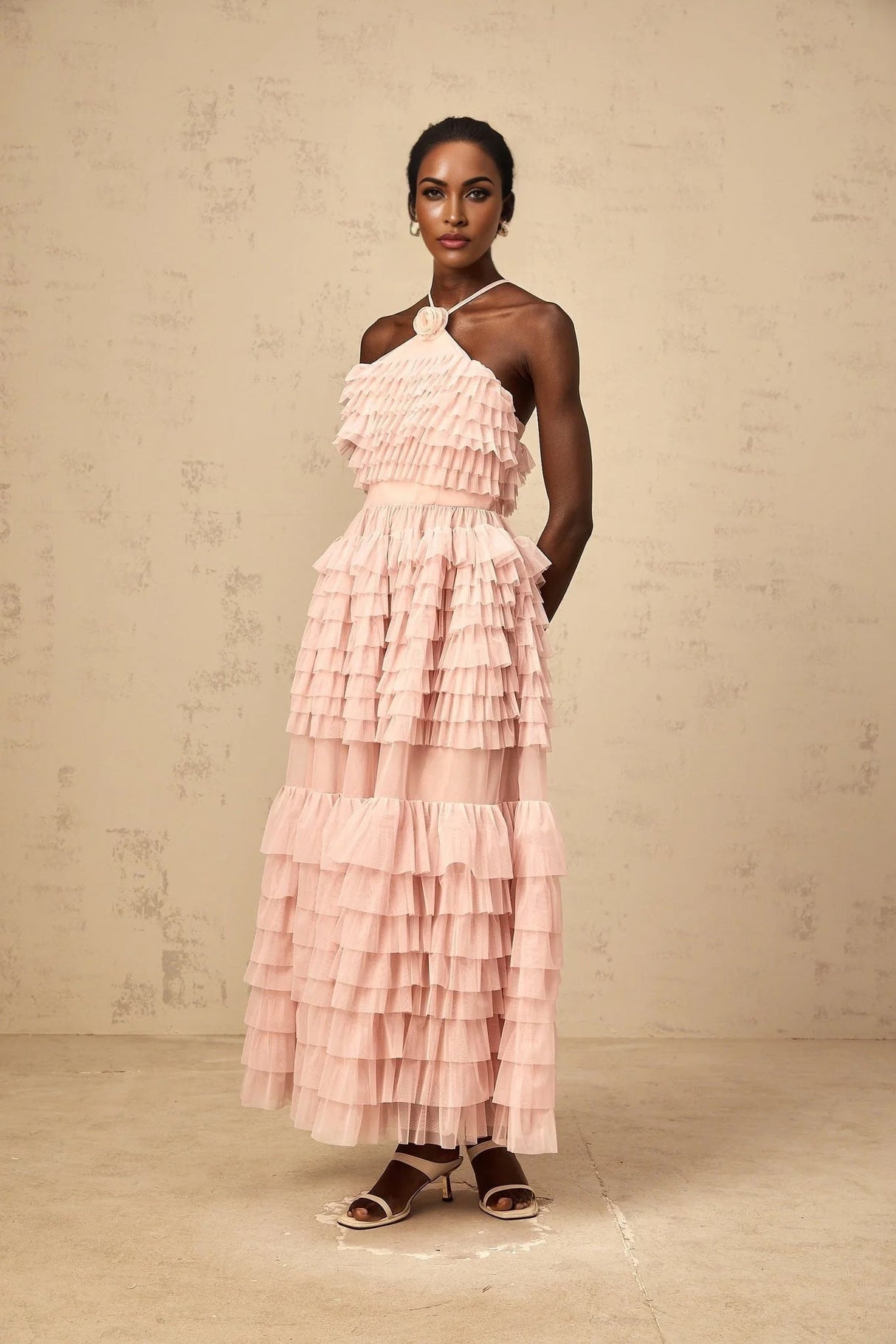 Silvia Maxi Dress Pink Petal - Brooch & Ruffled Tulle Tiered