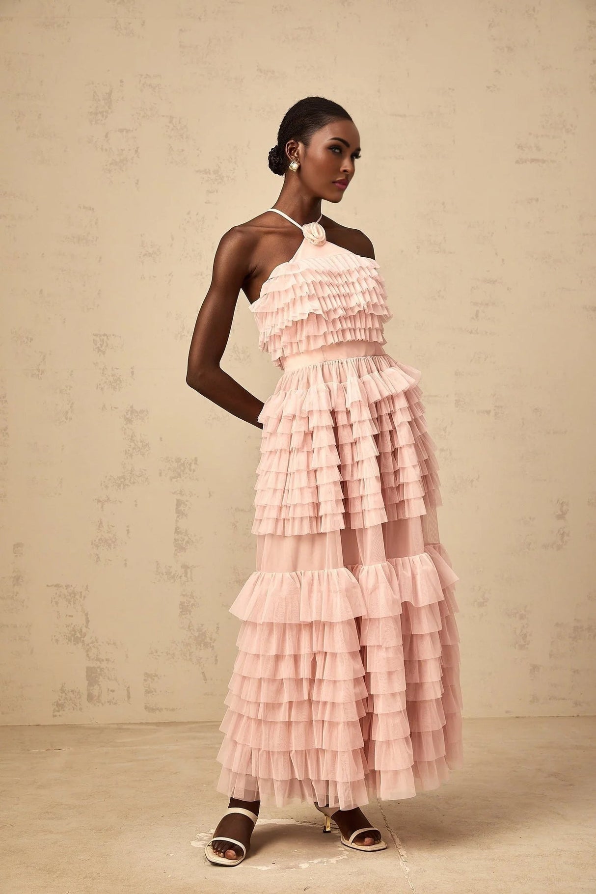 Silvia Maxi Dress Pink Petal - Brooch & Ruffled Tulle Tiered
