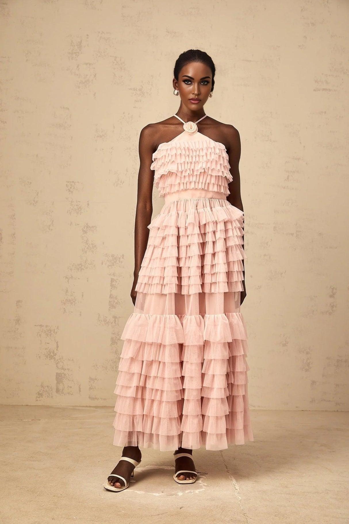 Silvia Maxi Dress Pink Petal - Brooch & Ruffled Tulle Tiered