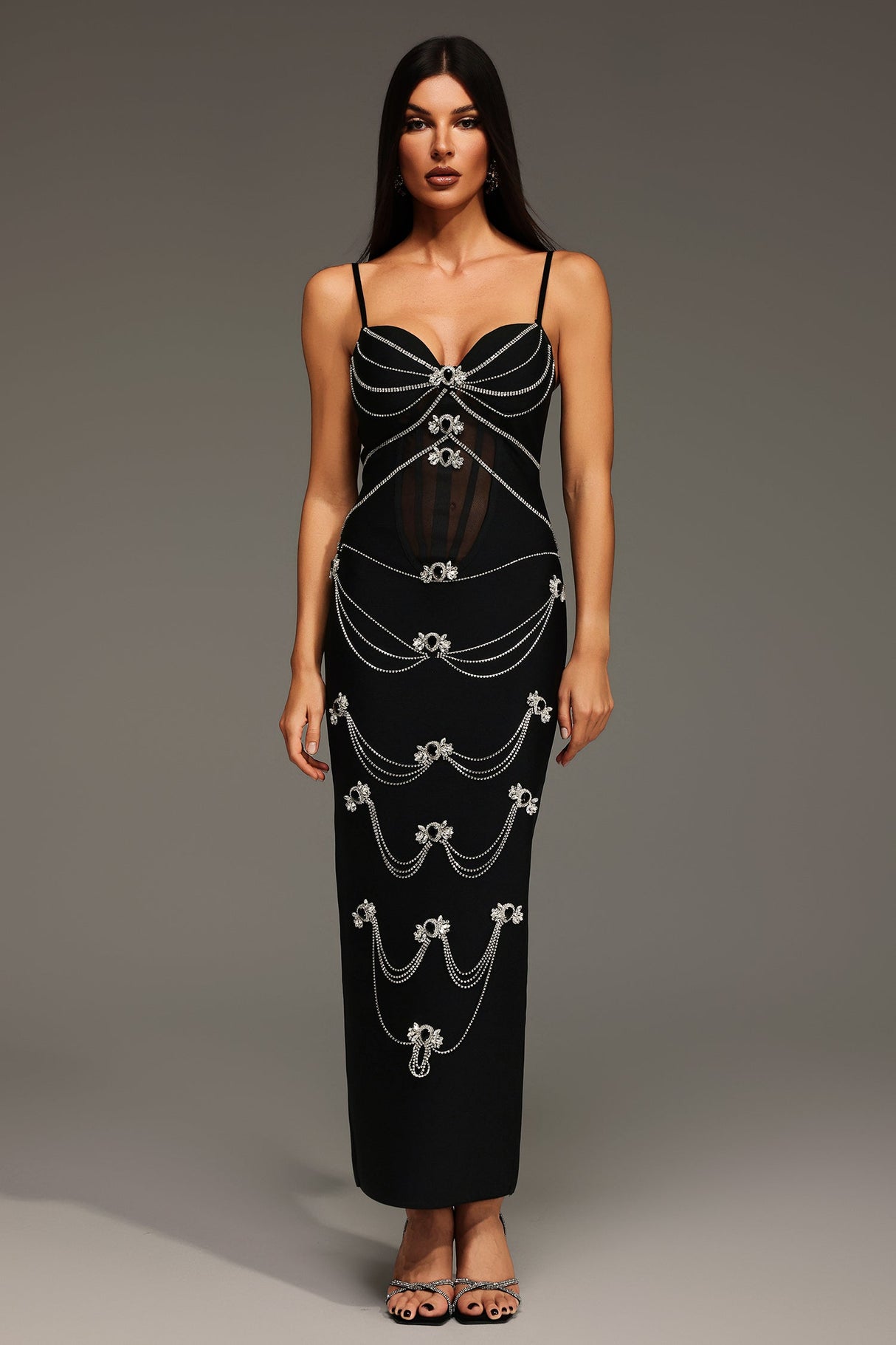 Simona Black Diamond V-Neck Sleeveless Dress with Shimmering Embellishments