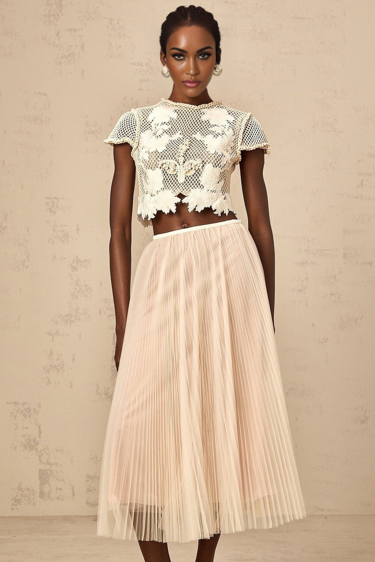Simona Floral Appliqué Skirt & White Top Set