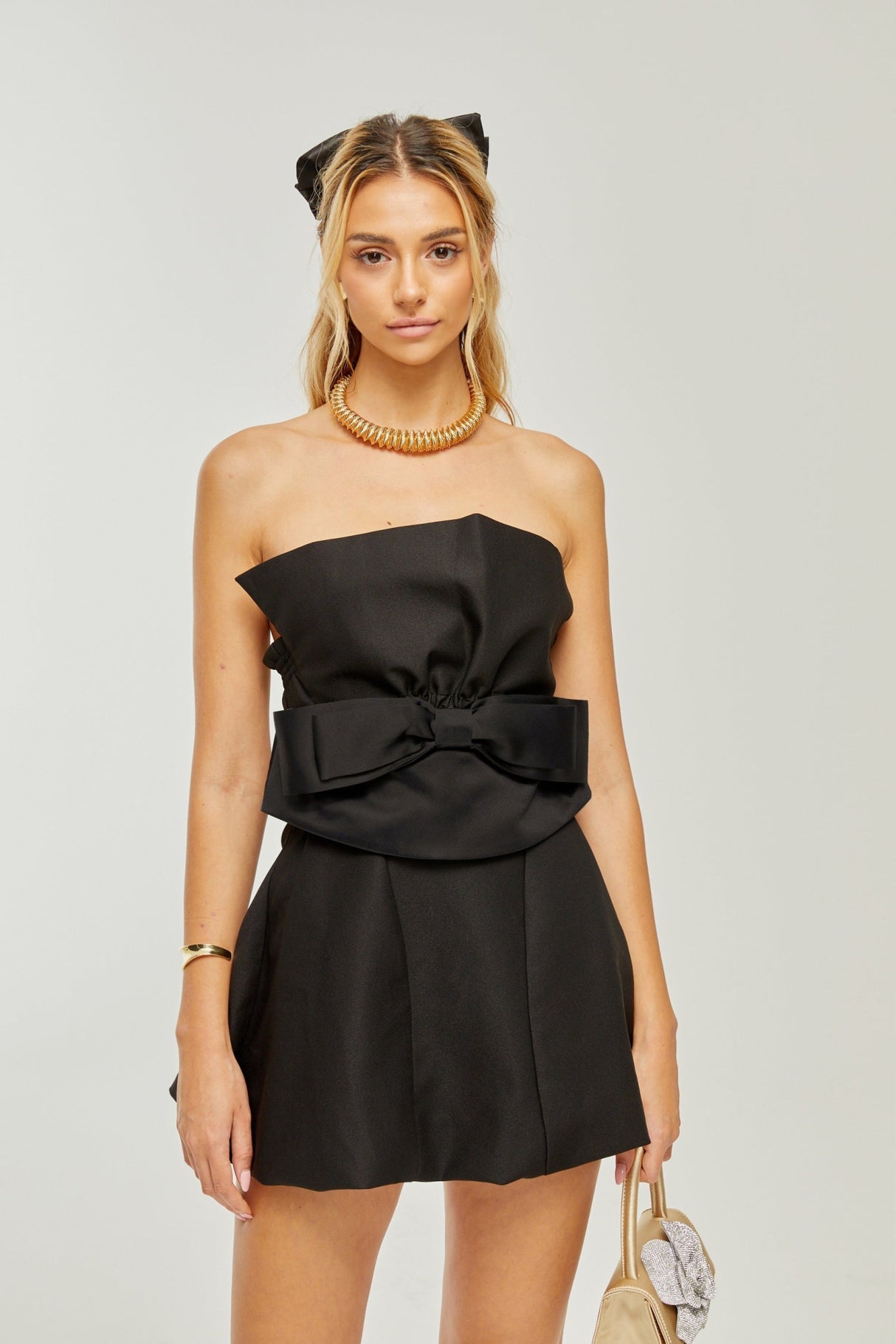 Simona Mini Dress Simona Off Shoulder Black Bowknot Pleated