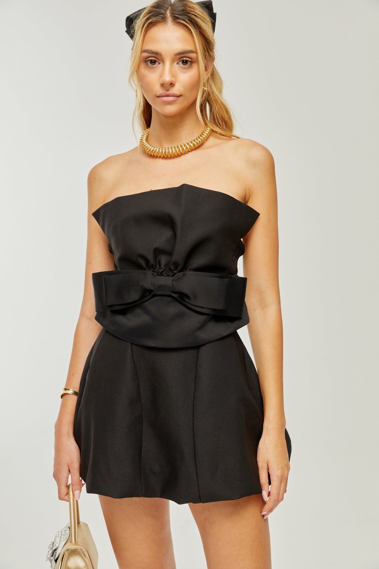 Simona Mini Dress Simona Off Shoulder Black Bowknot Pleated