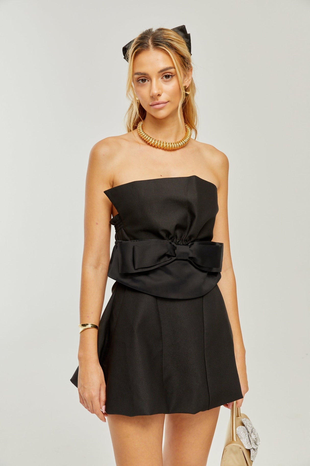 Simona Mini Dress Simona Off Shoulder Black Bowknot Pleated
