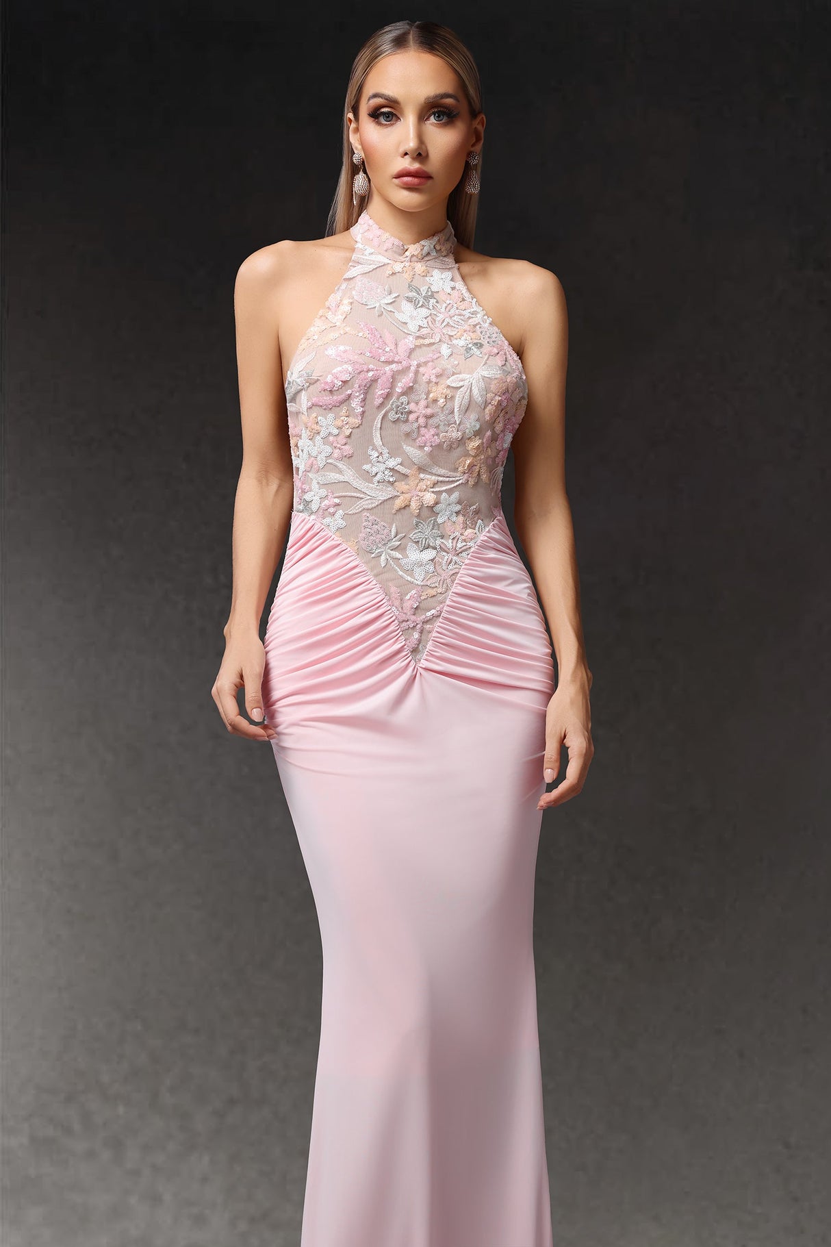Simona Pink Halter Neckline Floral Embroidered Maxi Dress for Special Occasions