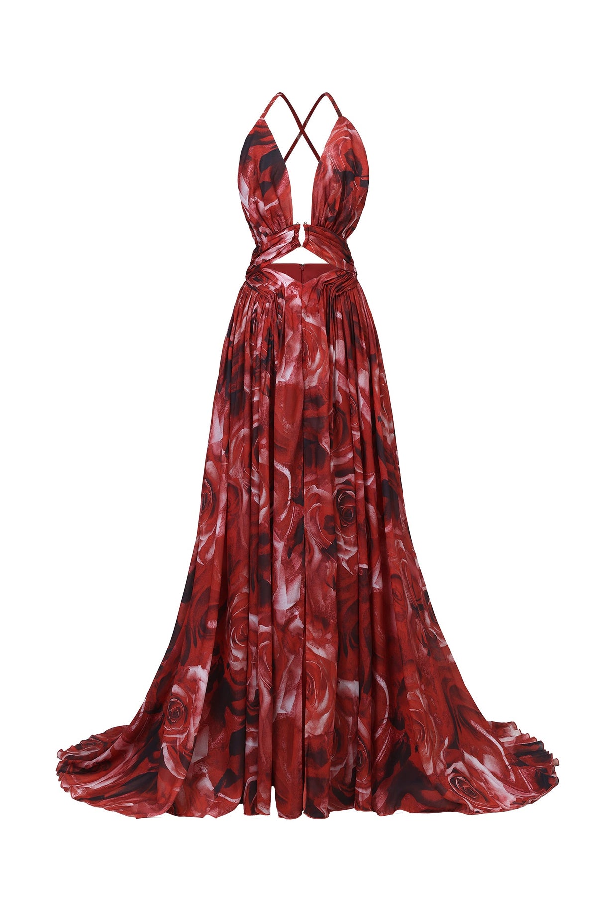 Simona Red Floral Print Halter Dress with Pearl V-Neckline and Dramatic Slit